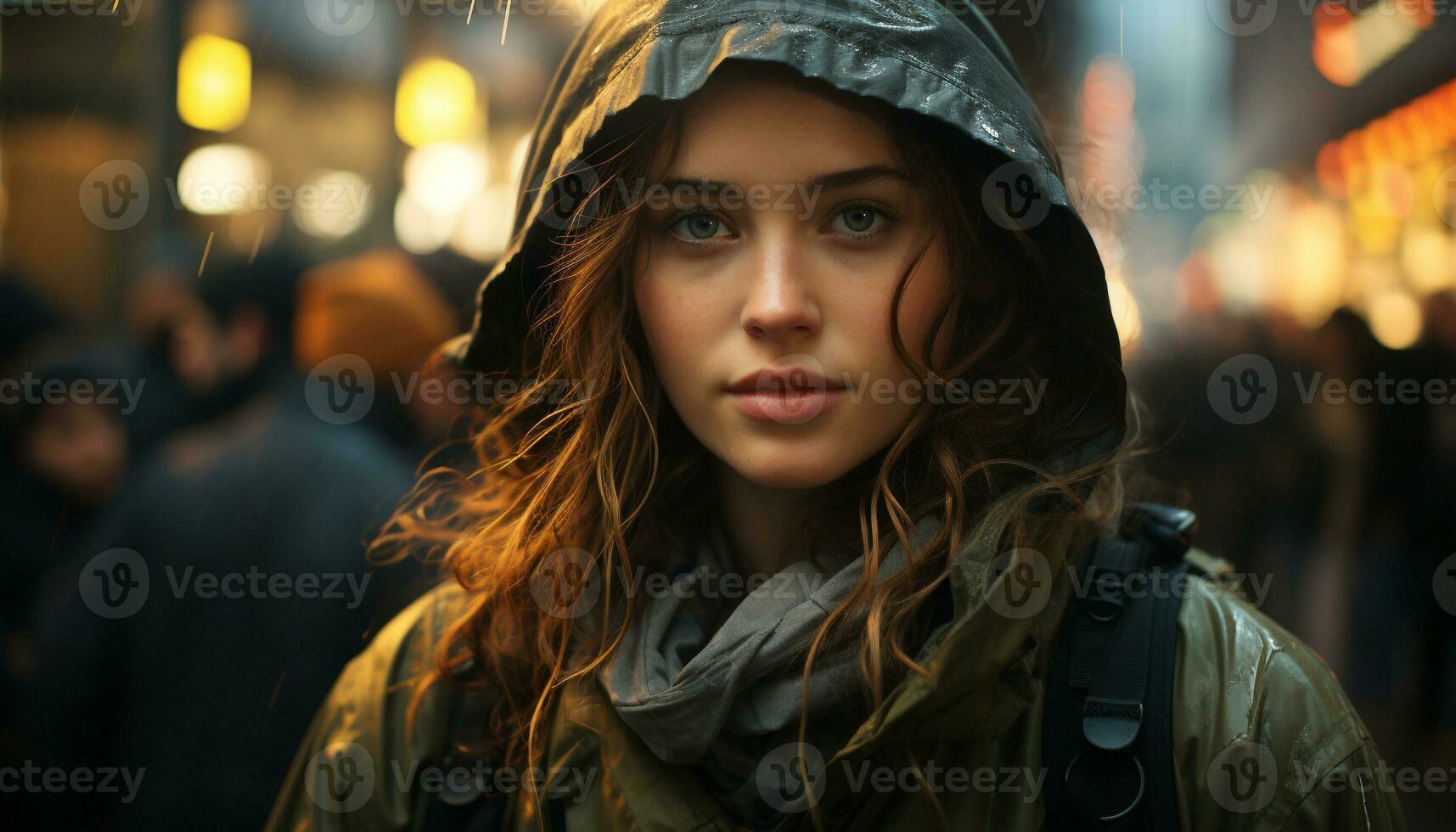 ai généré une Jeune femme, illuminé par rue lumières, souriant dans le pluie généré par ai photo