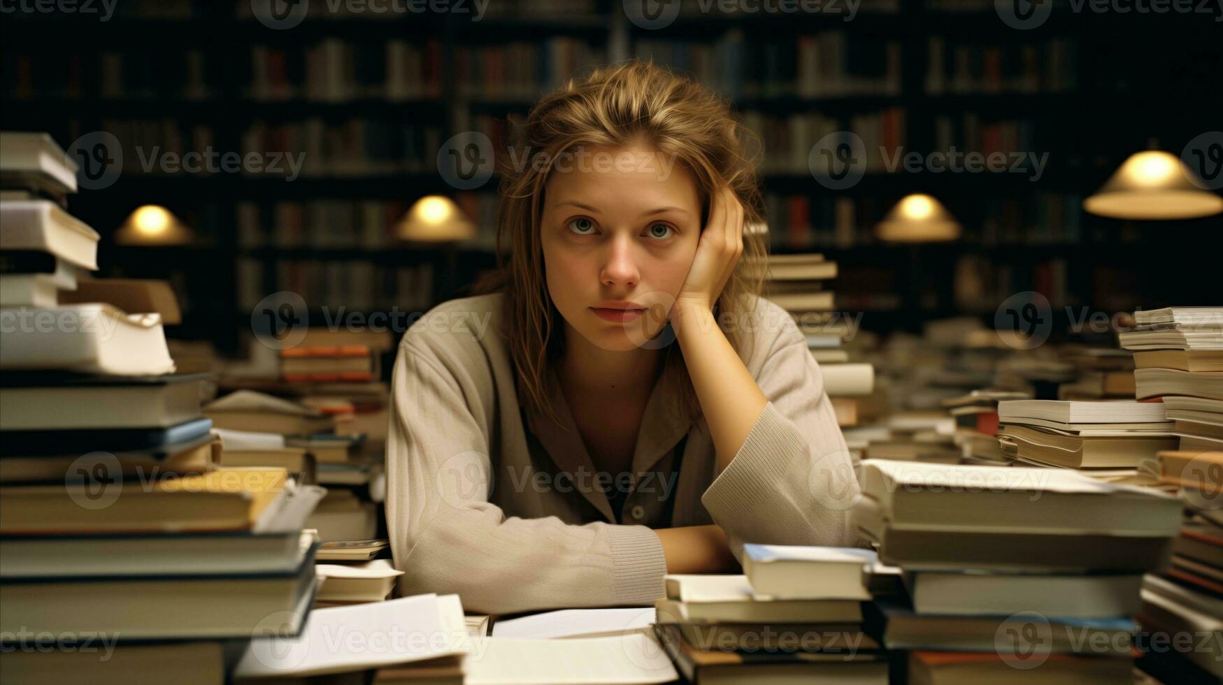 ai généré une femme séance à une table entouré par nombreux livres, absorbé dans en train de lire et Profond dans pensée. photo