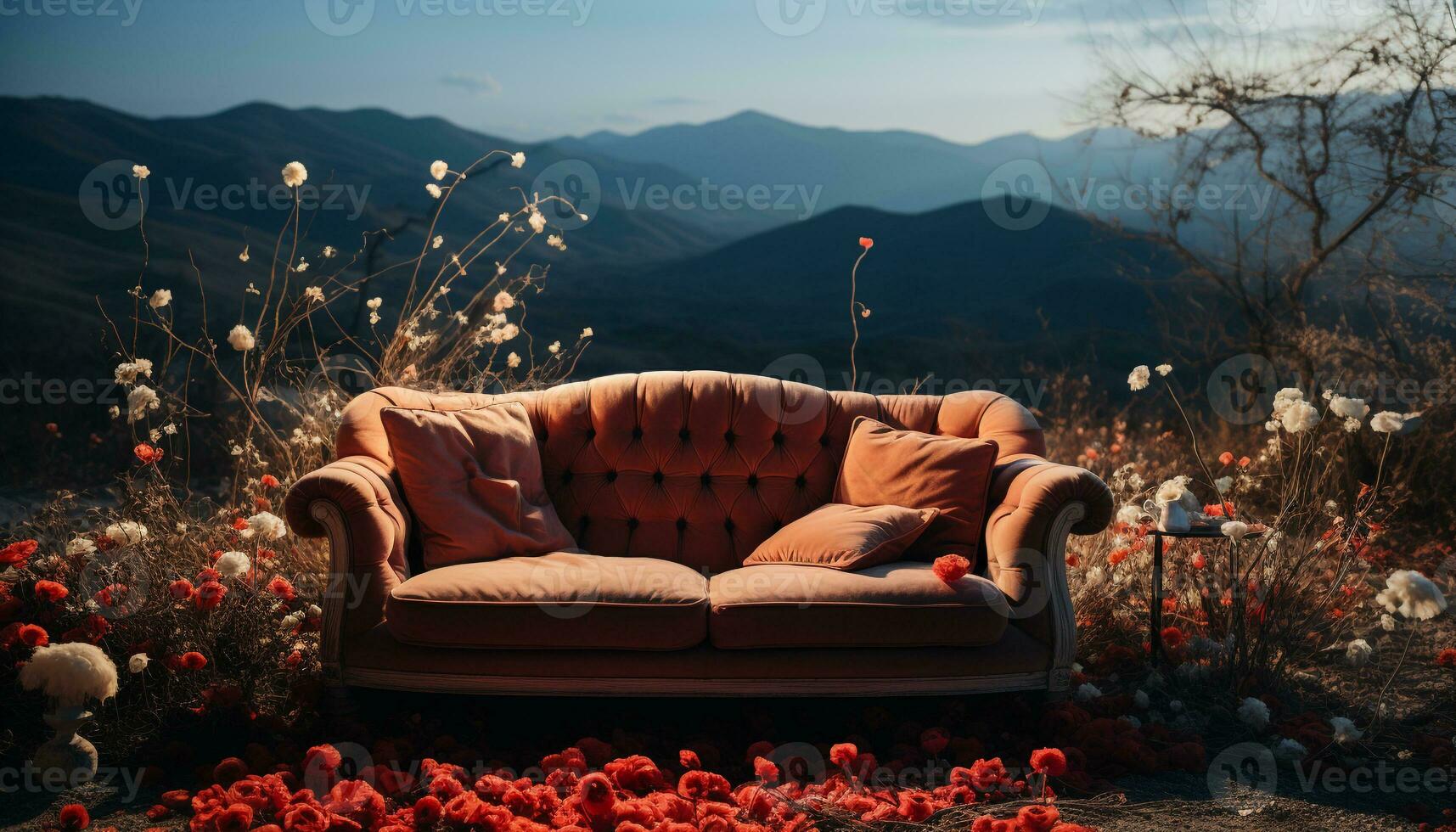 ai généré relaxation dans la nature herbe, arbre, montagne, prairie, coucher de soleil, forêt généré par ai photo