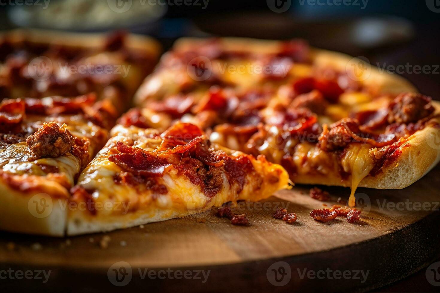 ai généré Viande les amoureux Pizza avec Bacon et pepperoni sur une en bois plat, macro coup photo