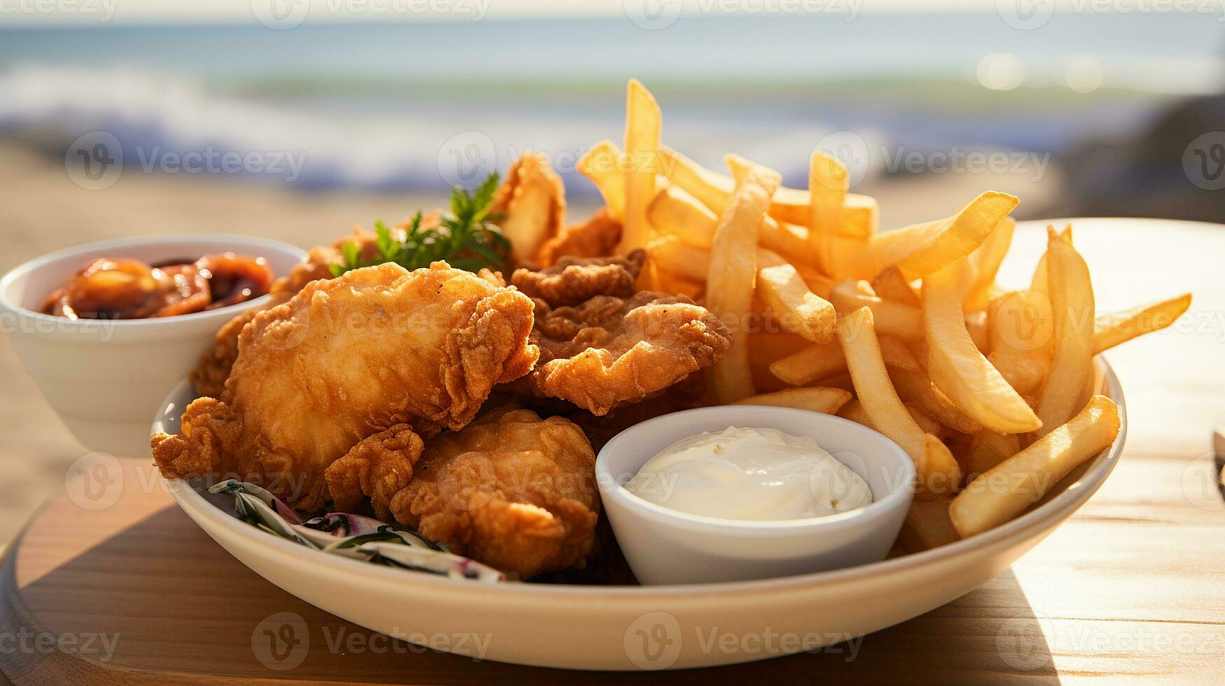 ai généré une assiette de poisson et frites servi dans une en bois panier, mi-angle coup photo