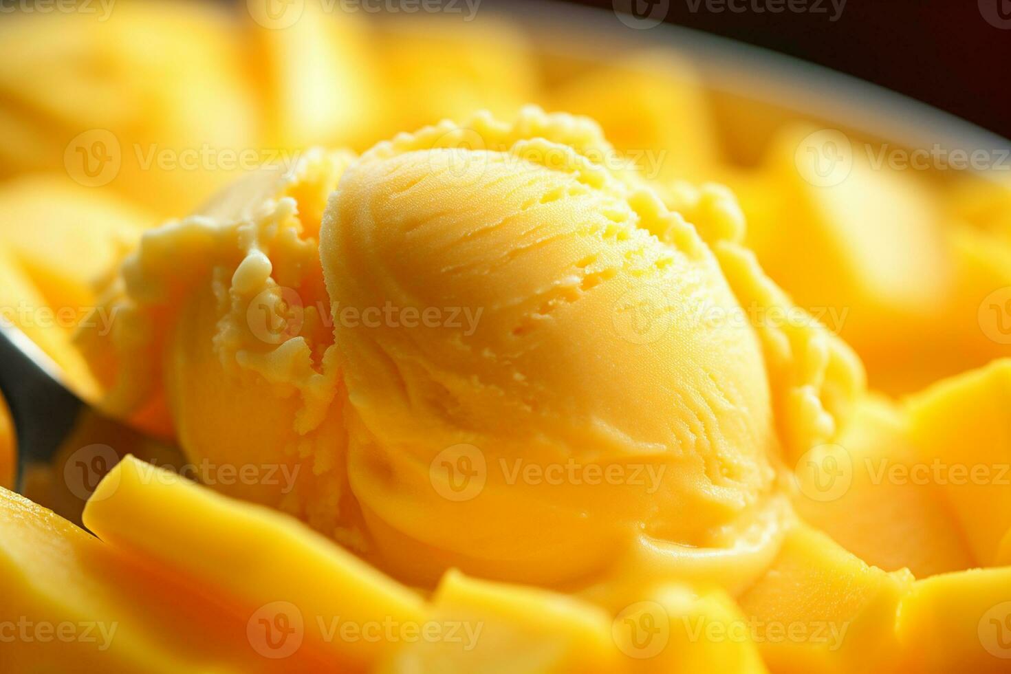 ai généré une scoop de mangue la glace crème avec une Frais mangue tranche, lisse texture, fermer tir, photo