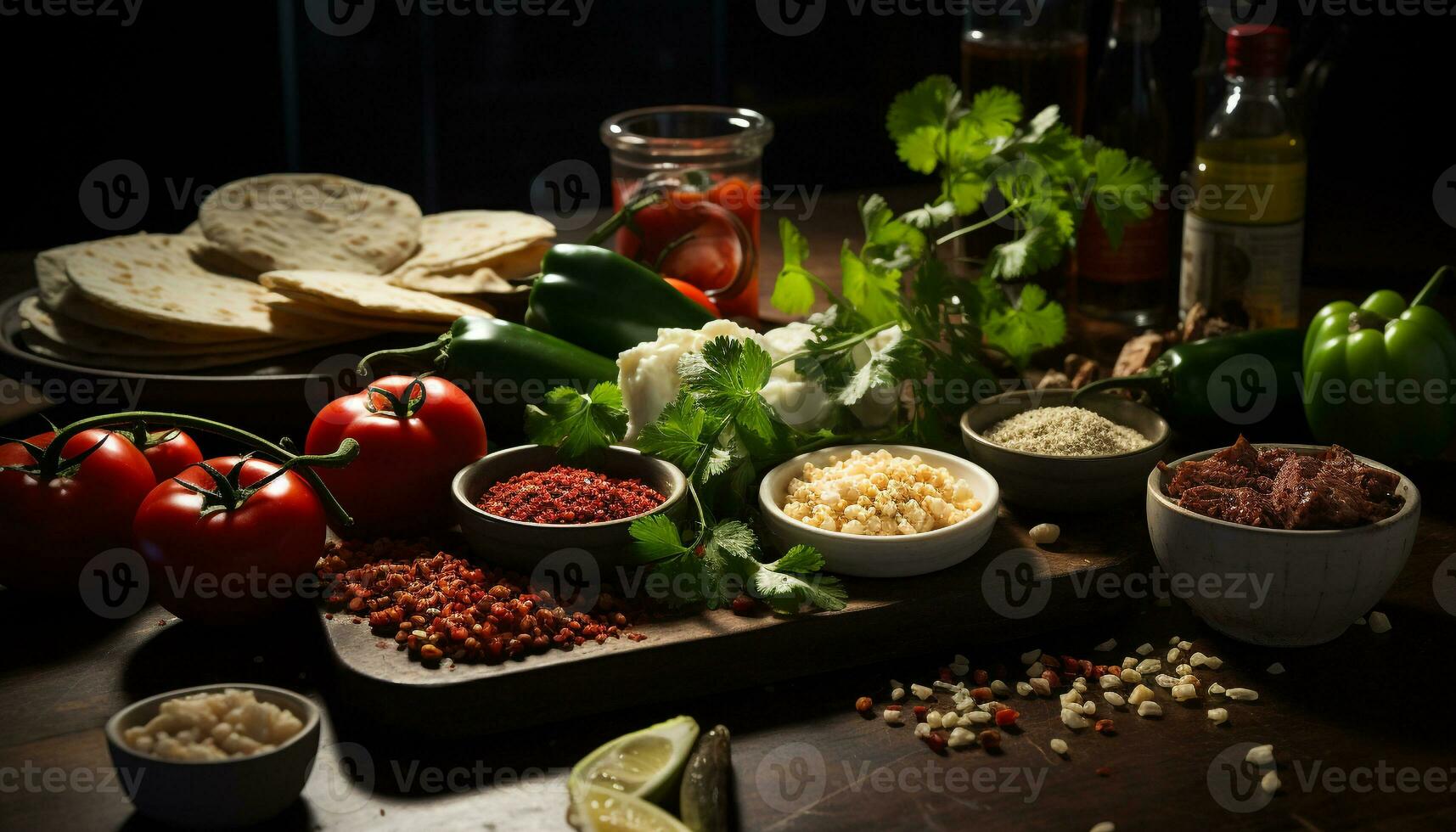 ai généré Frais tomate, légume, et herbe salade sur rustique en bois table généré par ai photo