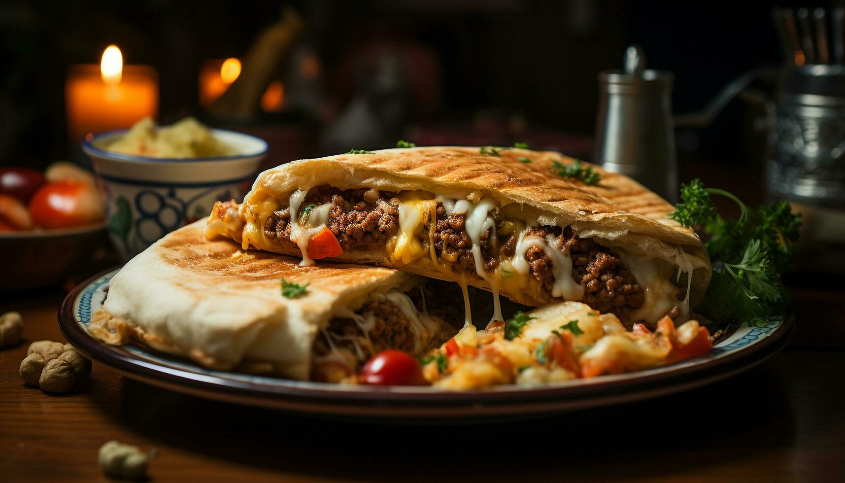 ai généré fraîchement cuit du boeuf taco sur une en bois plaque, prêt à manger généré par ai photo