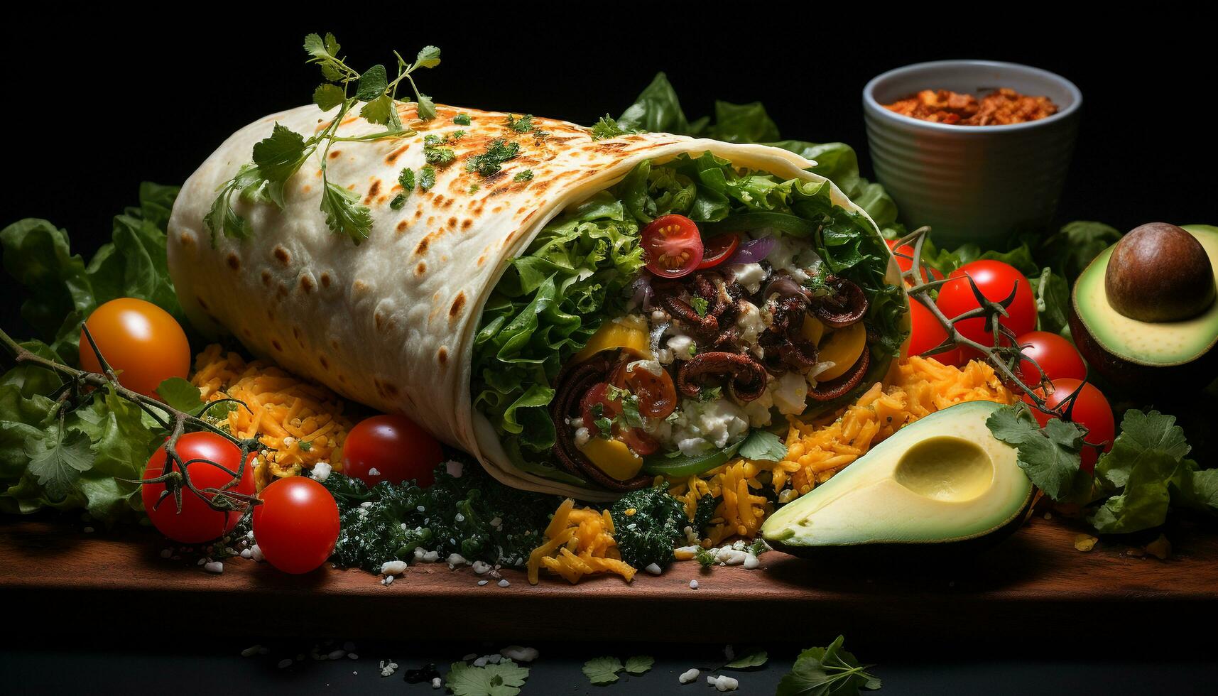 ai généré fraîcheur sur une assiette grillé Viande, avocat, tomate, et coriandre généré par ai photo