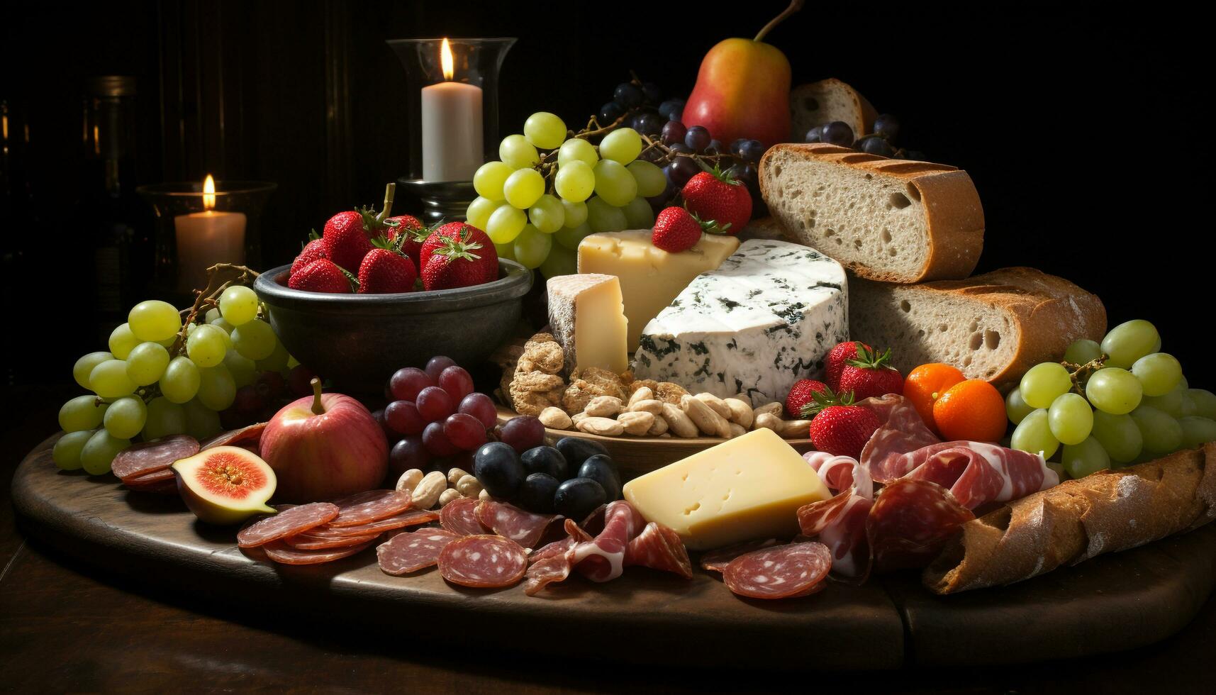 ai généré gourmet repas Frais pain, Camembert, salami, et du vin généré par ai photo