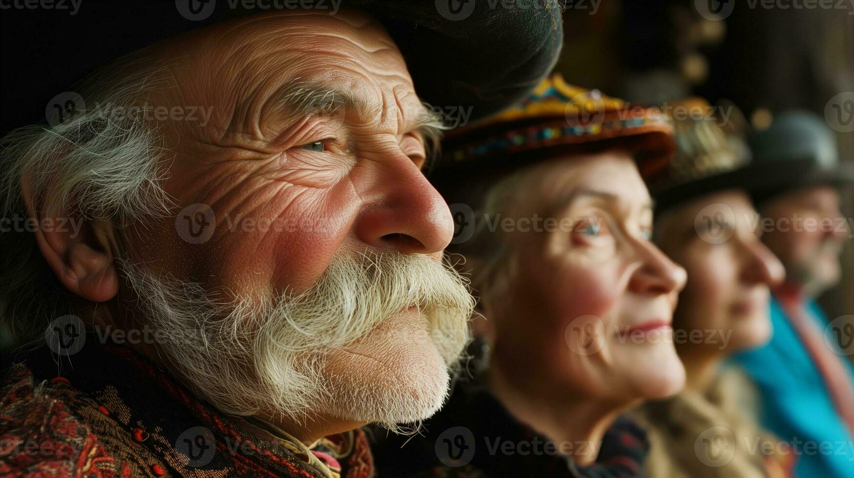 ai généré une groupe de personnes âgées des couples dans Chapeaux regard intensément. génératif ai photo