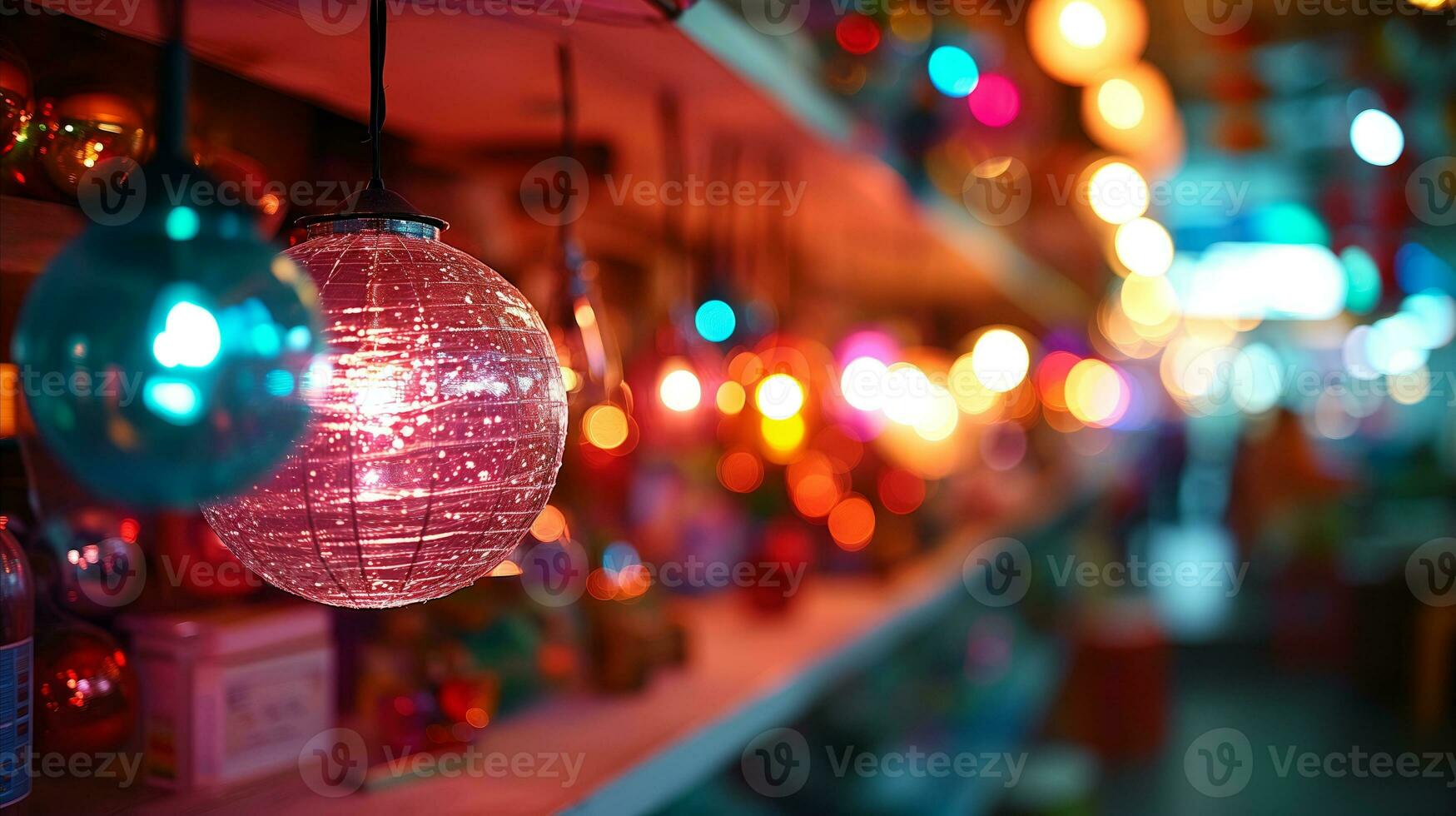 ai généré une étagère avec coloré lumière ampoules suspendu. génératif ai photo