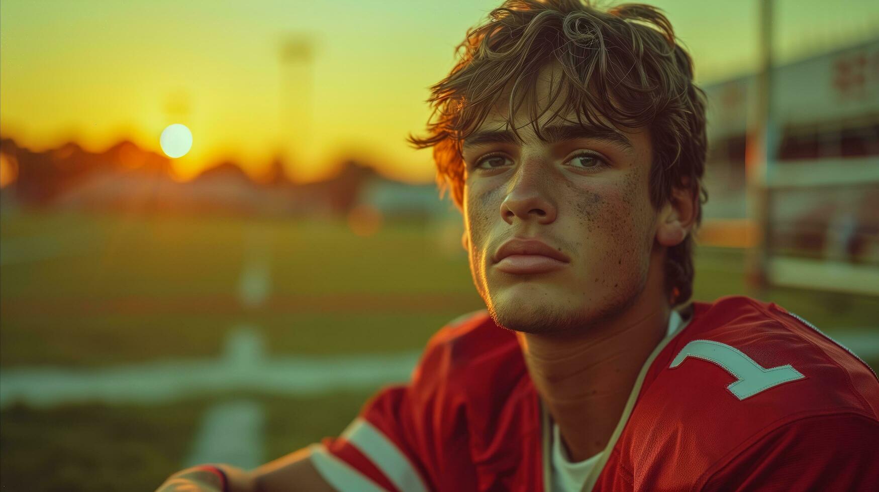 ai généré sérieux Jeune Football joueur dans rouge Jersey à le coucher du soleil sur le champ photo