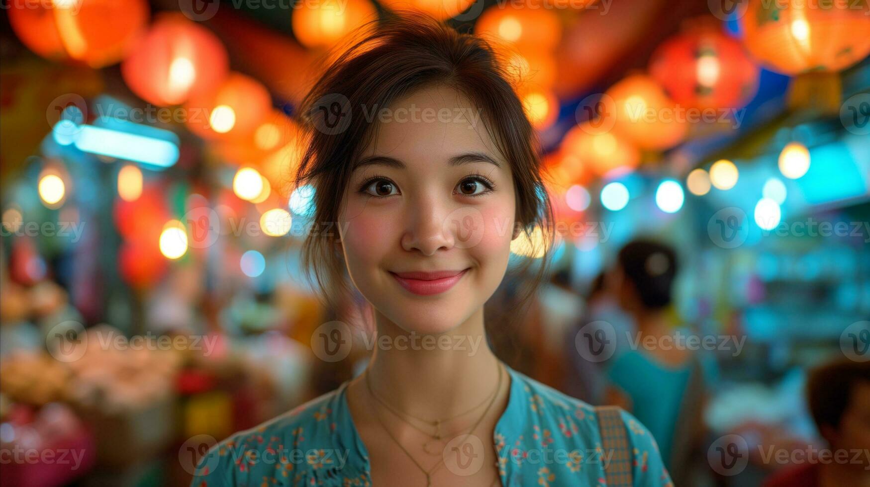 ai généré Jeune femme souriant dans vibrant éclairé par une lanterne nuit marché photo