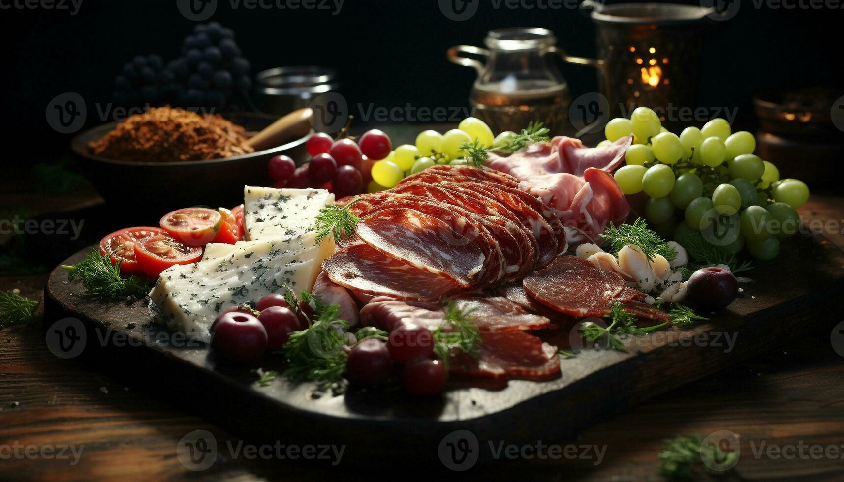 ai généré une rustique assiette de Frais Viande, pain, et fruit généré par ai photo