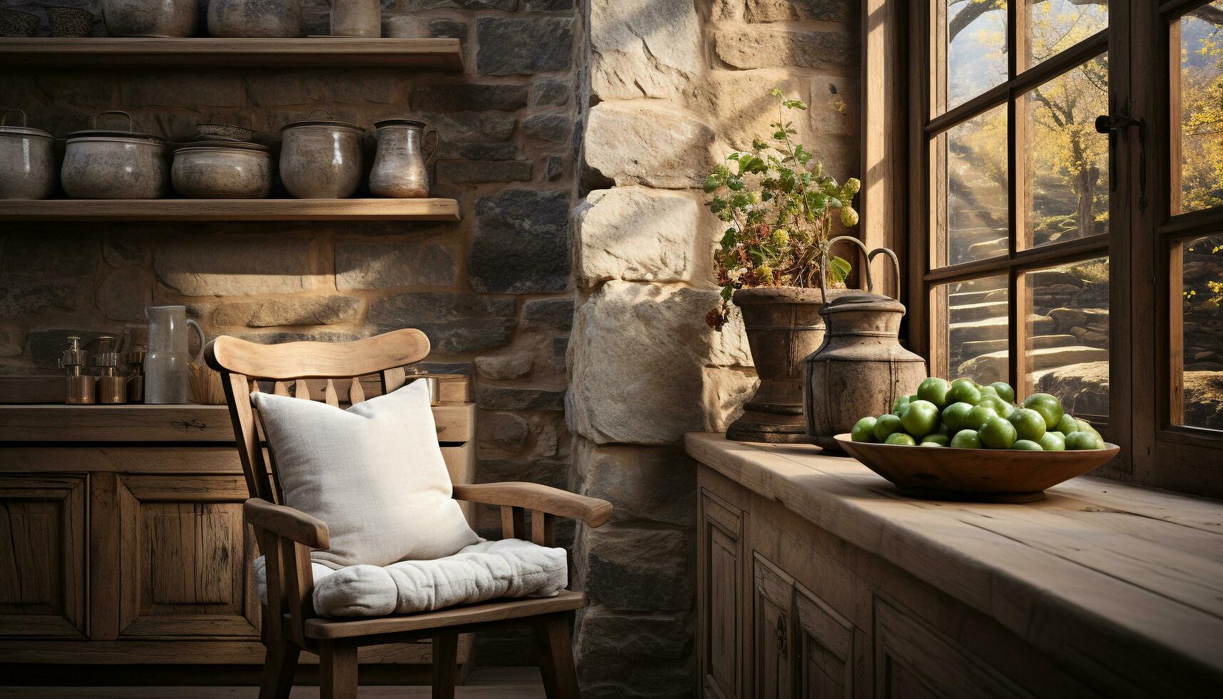 ai généré confortable rustique chaise et table avec Frais fleurs à l'intérieur généré par ai photo