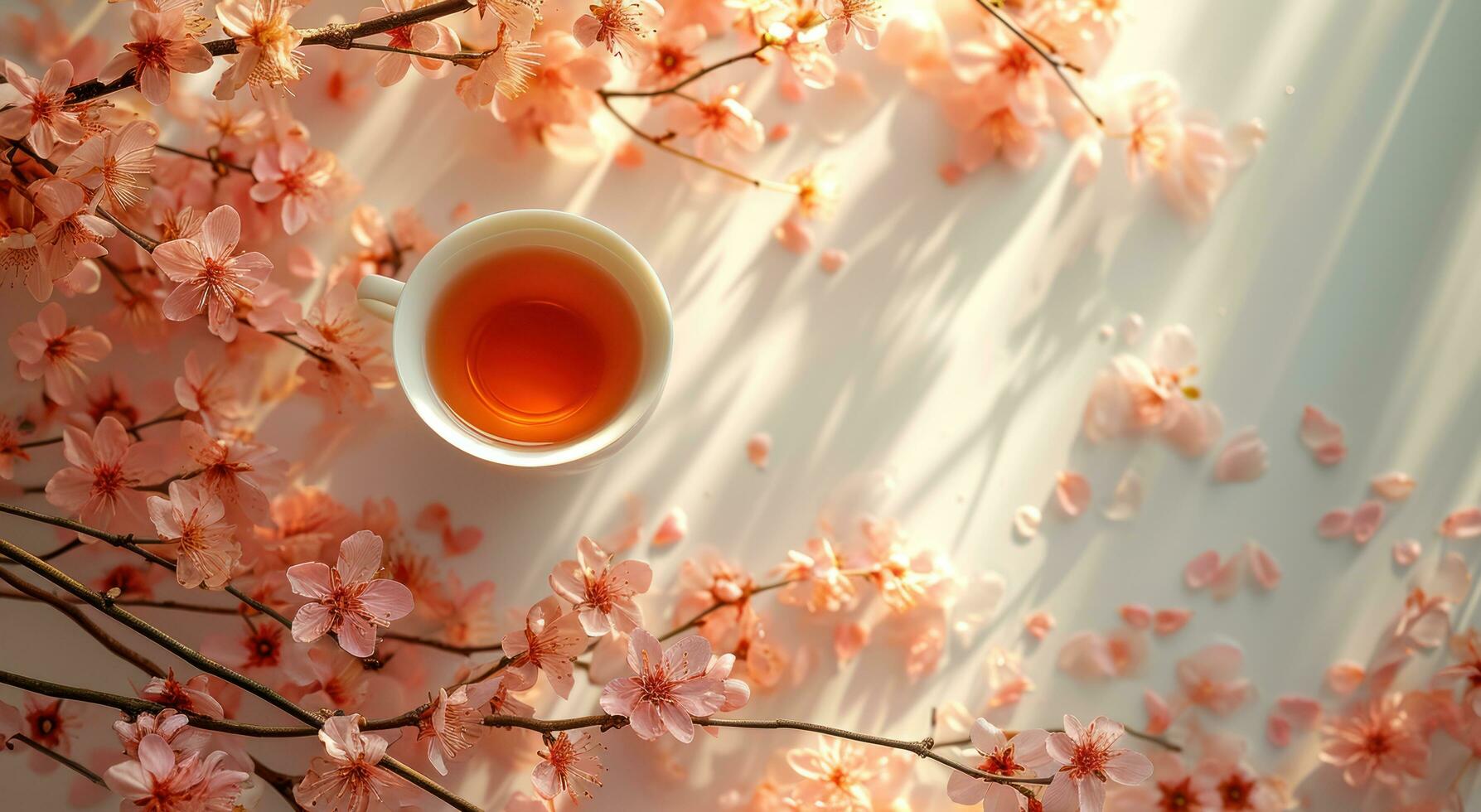 ai généré une tasse de thé est sur Haut une blanc table avec floral branches photo