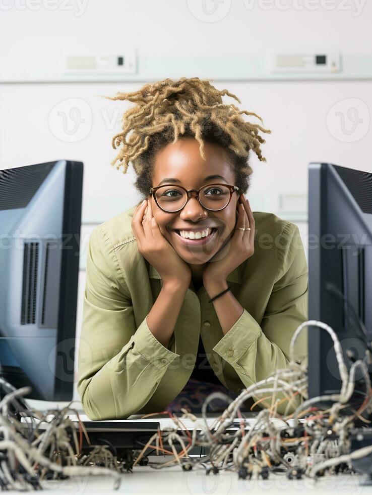 ai généré qualifié femelle programmeur à travail, ai généré photo