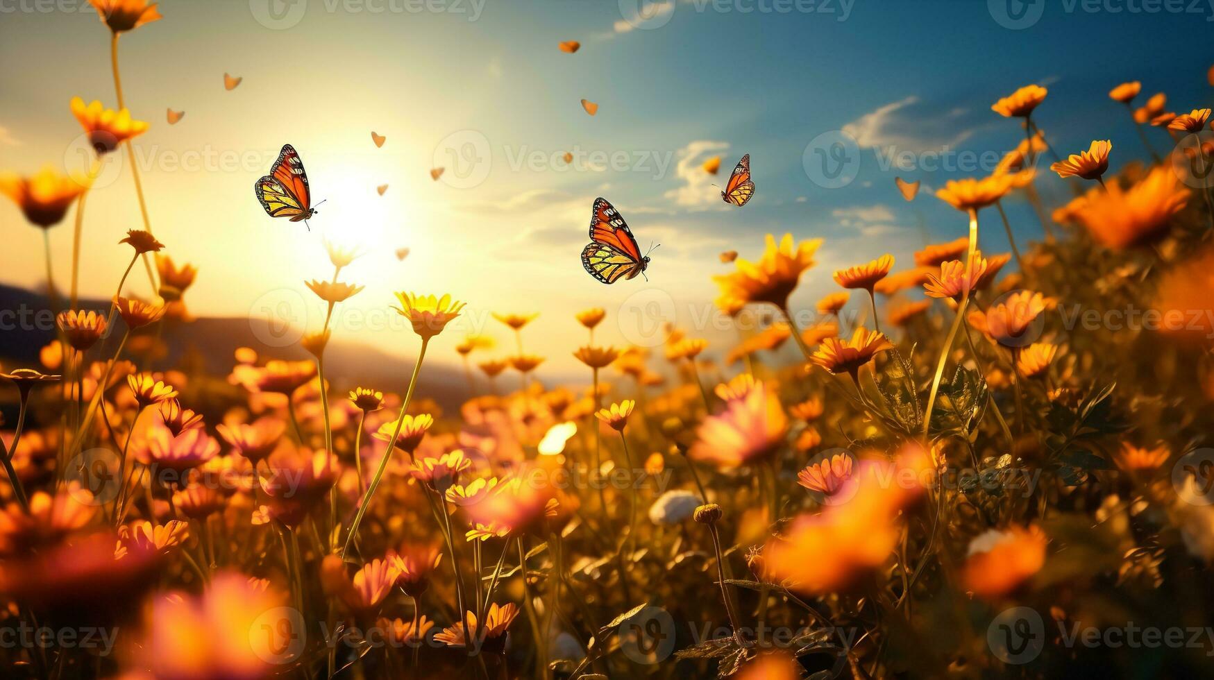 ai généré l'automne souci champ avec papillons - ai généré photo