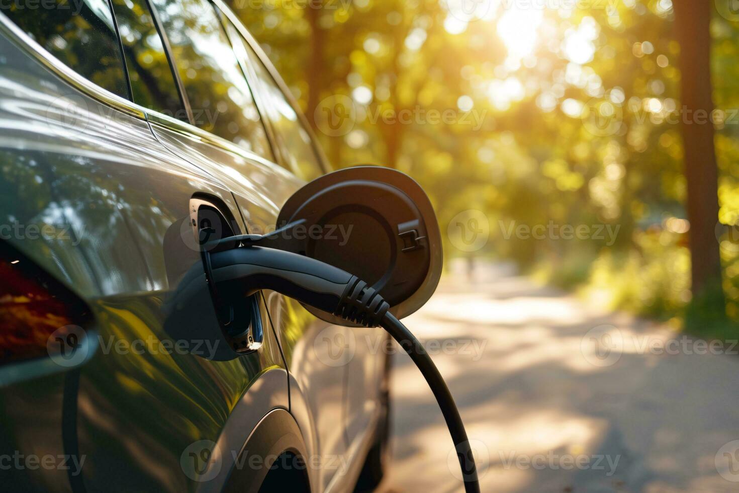 ai généré voiture mise en charge à électrique voiture mise en charge gare. électrique véhicule chargeur station pour charge ev batterie. ev voiture mise en charge indiquer. nettoyer énergie. durable transport. vert technologie. photo