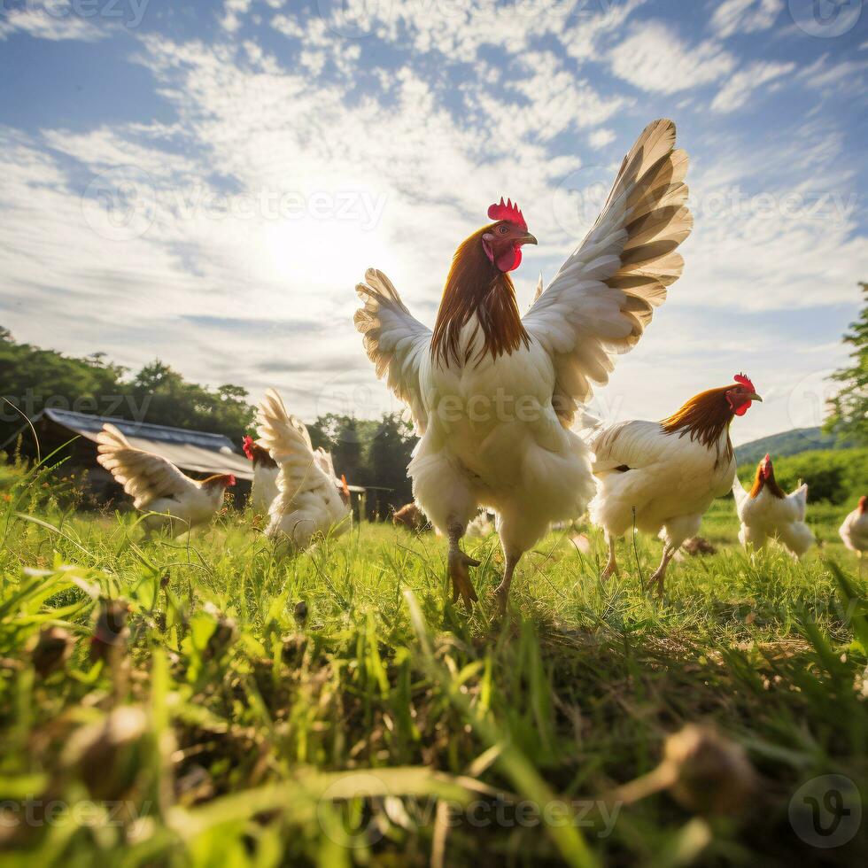 ai généré gratuit intervalle poulet ferme et durable agriculture. biologique la volaille agriculture. poulets roaming gratuit dans durable et respectueux des animaux cultiver. gratuit intervalle oiseau dans agriculture herbe champ. photo