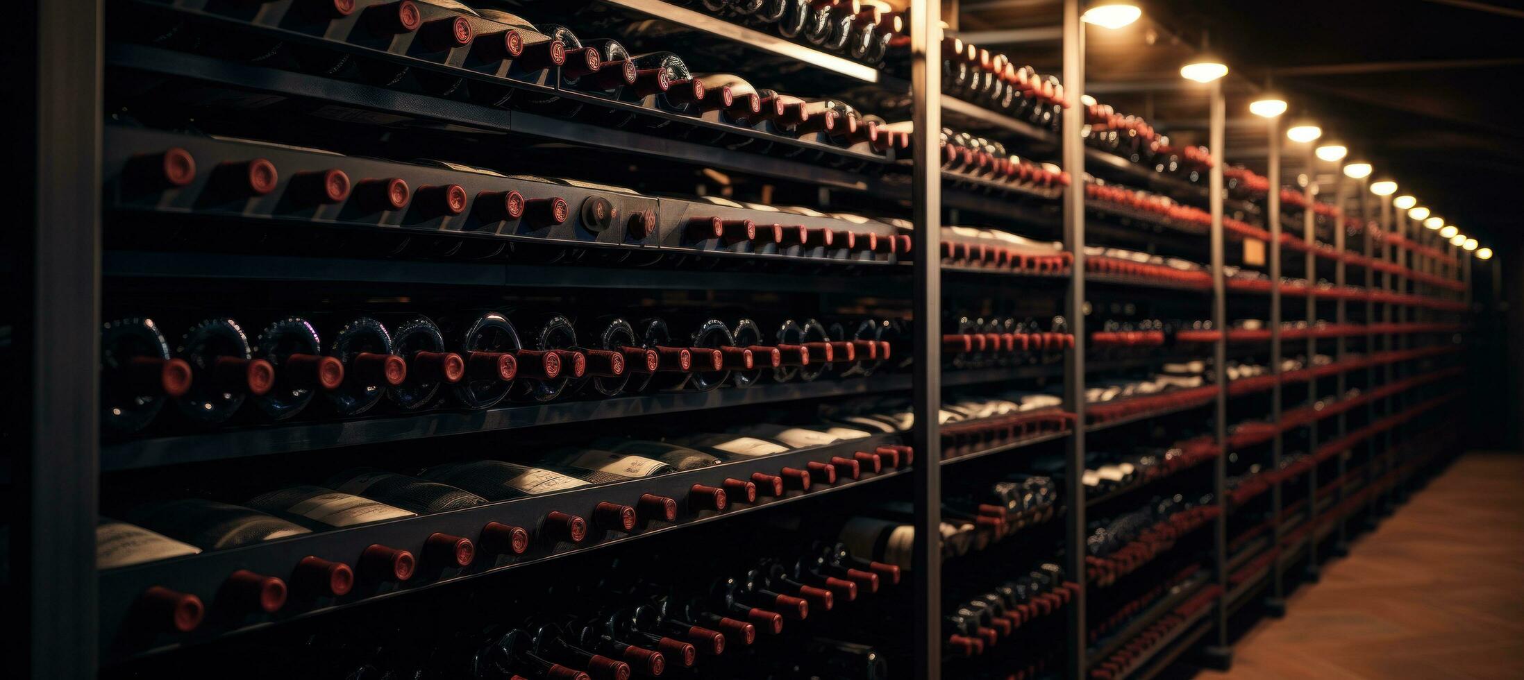 ai généré Lignes de du vin bouteilles sur racks dans une cave photo