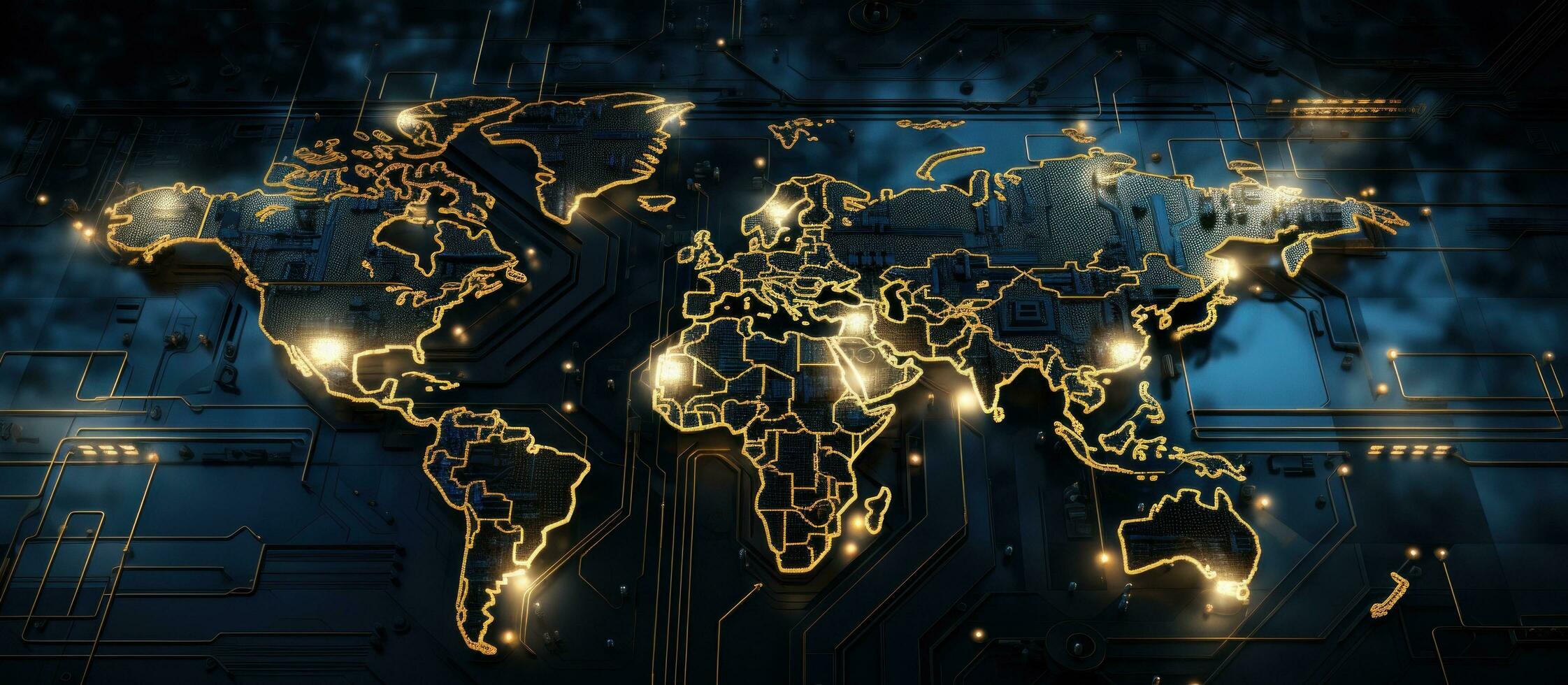 ai généré monde carte dans un image de or numérique circuits et circuits sur Terre photo