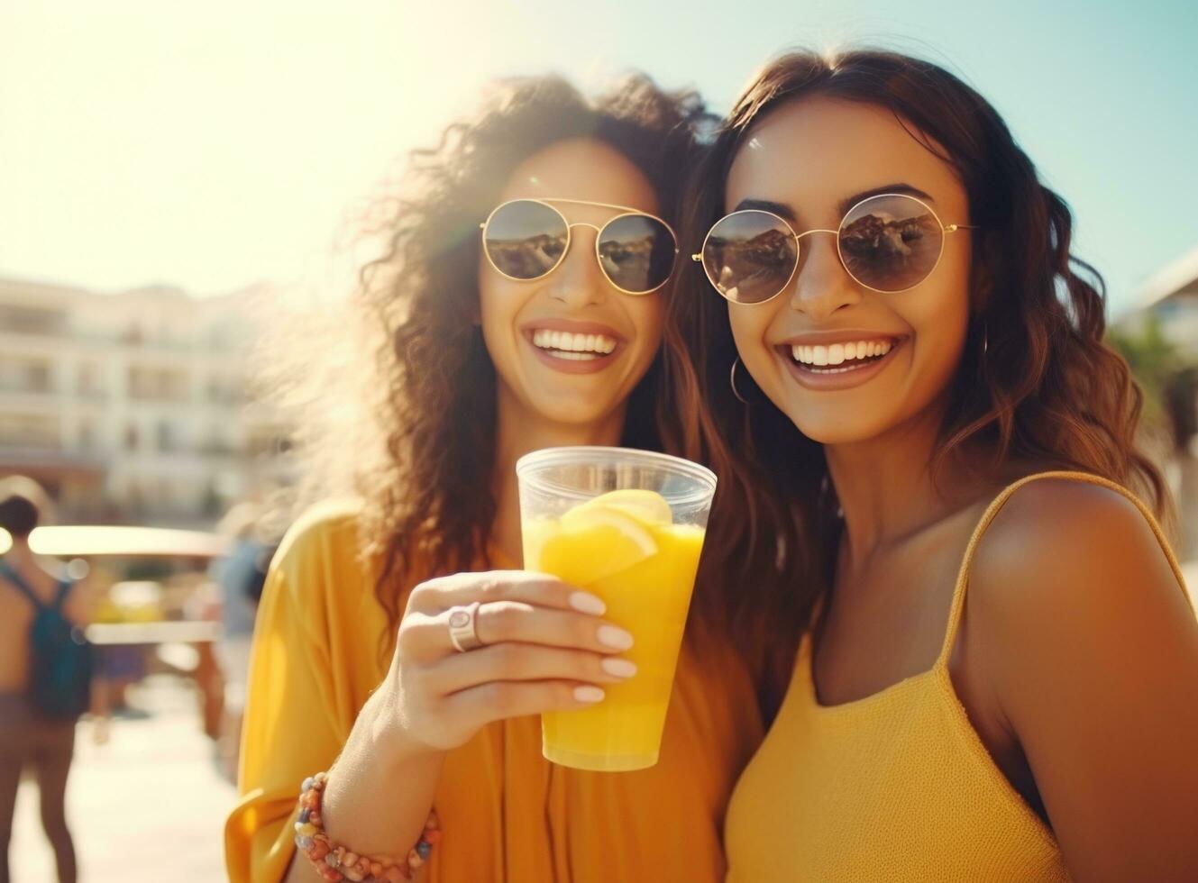 ai généré femmes copains en portant Orange jus sur rue parlant dans des lunettes de soleil photo