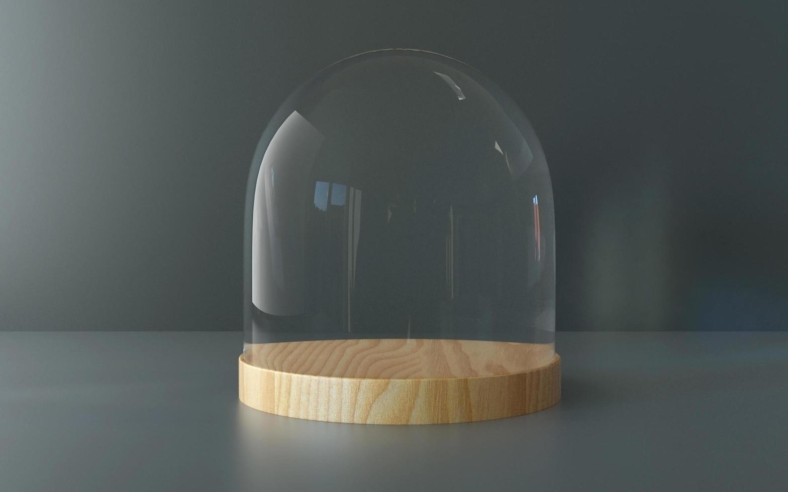 dôme en verre avec plateau en bois rendu 3d photo