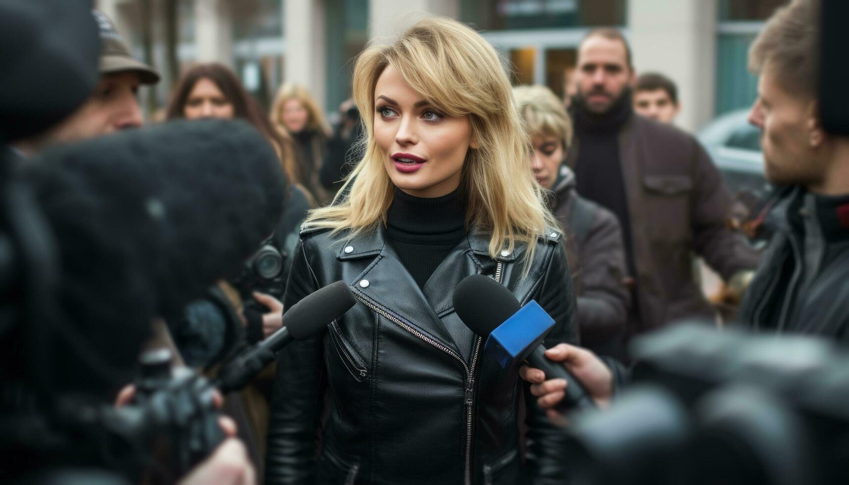 ai généré une femme Parlant avec journalistes dans le rue photo