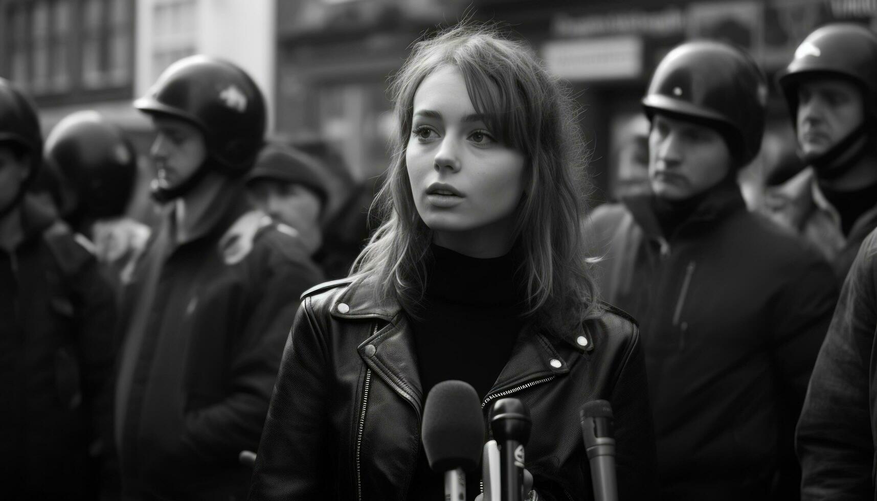 ai généré une fille pourparlers à journalistes tandis que permanent dans le rue photo