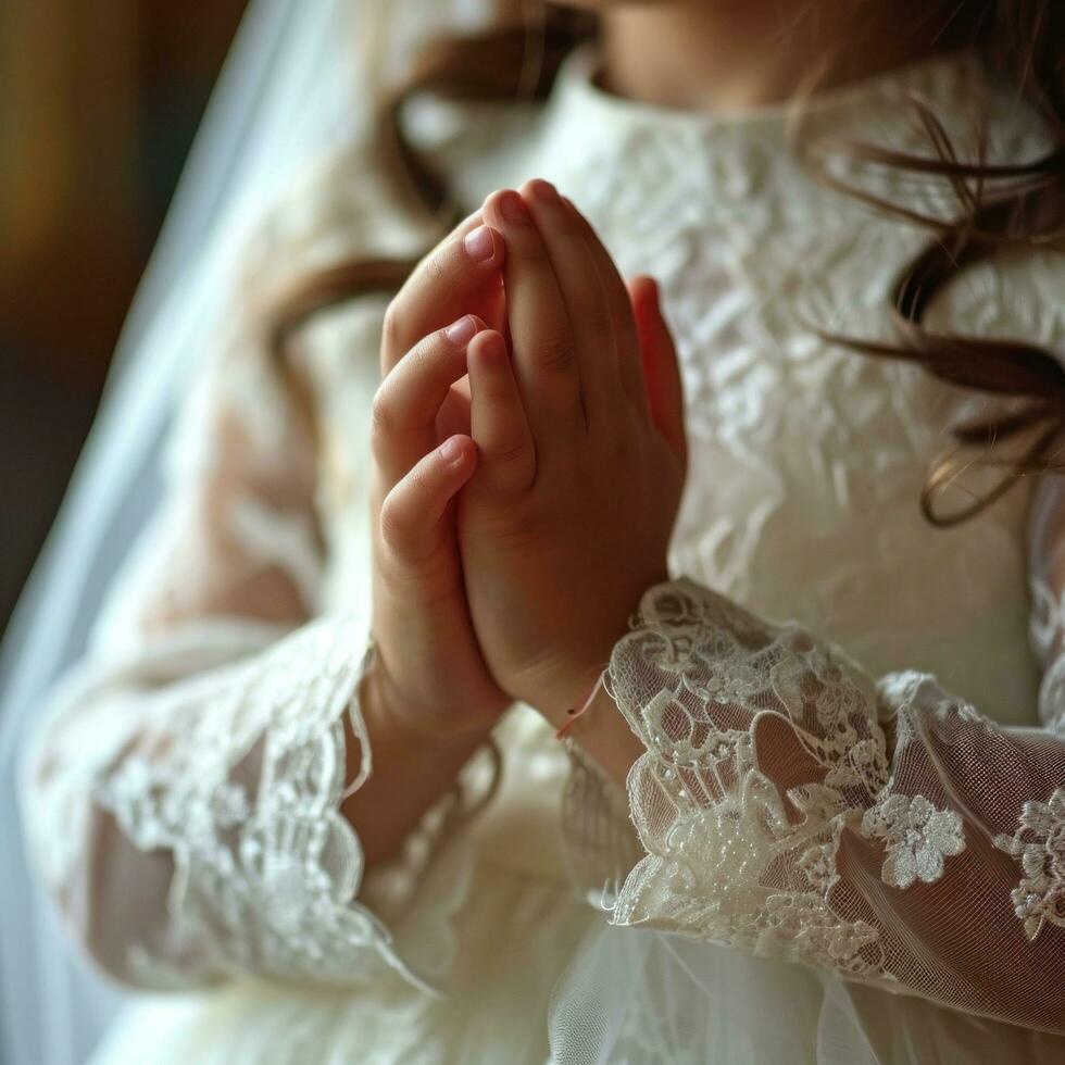 ai généré christianisme 1er communion Jeune fille sacrificiel, main secoue le sien mains prier photo