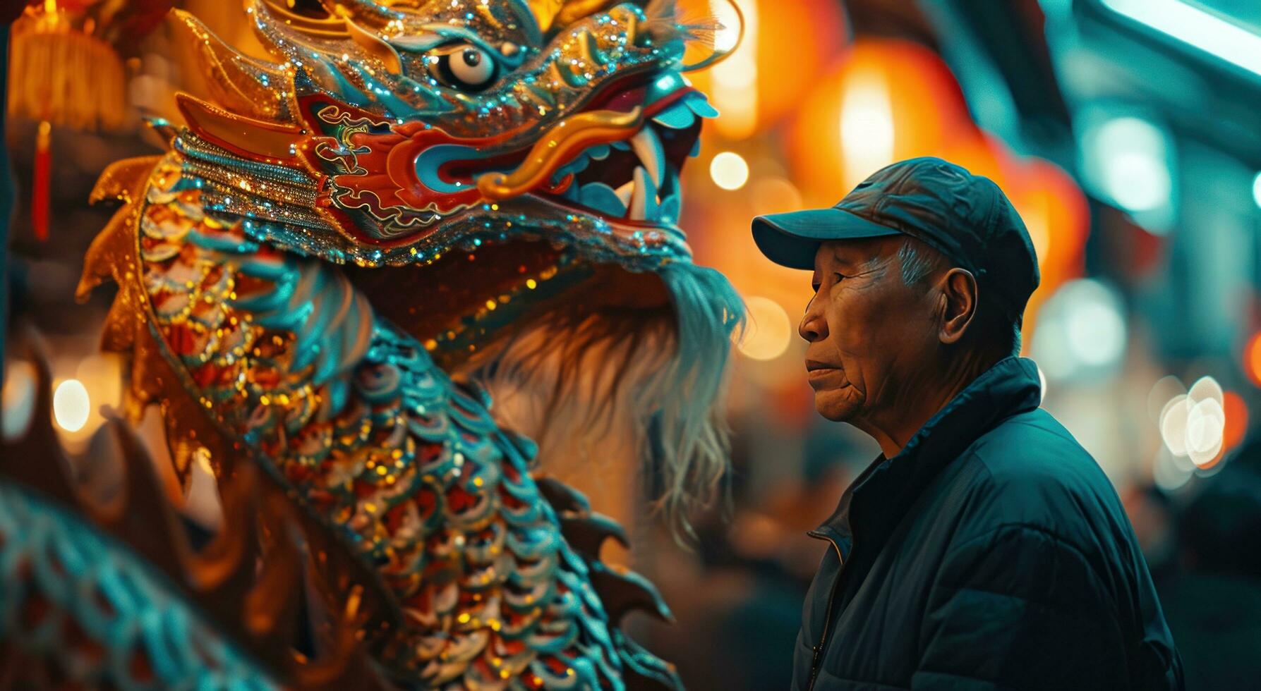 ai généré une homme des stands suivant à une coloré dragon à célébrer le Nouveau année photo