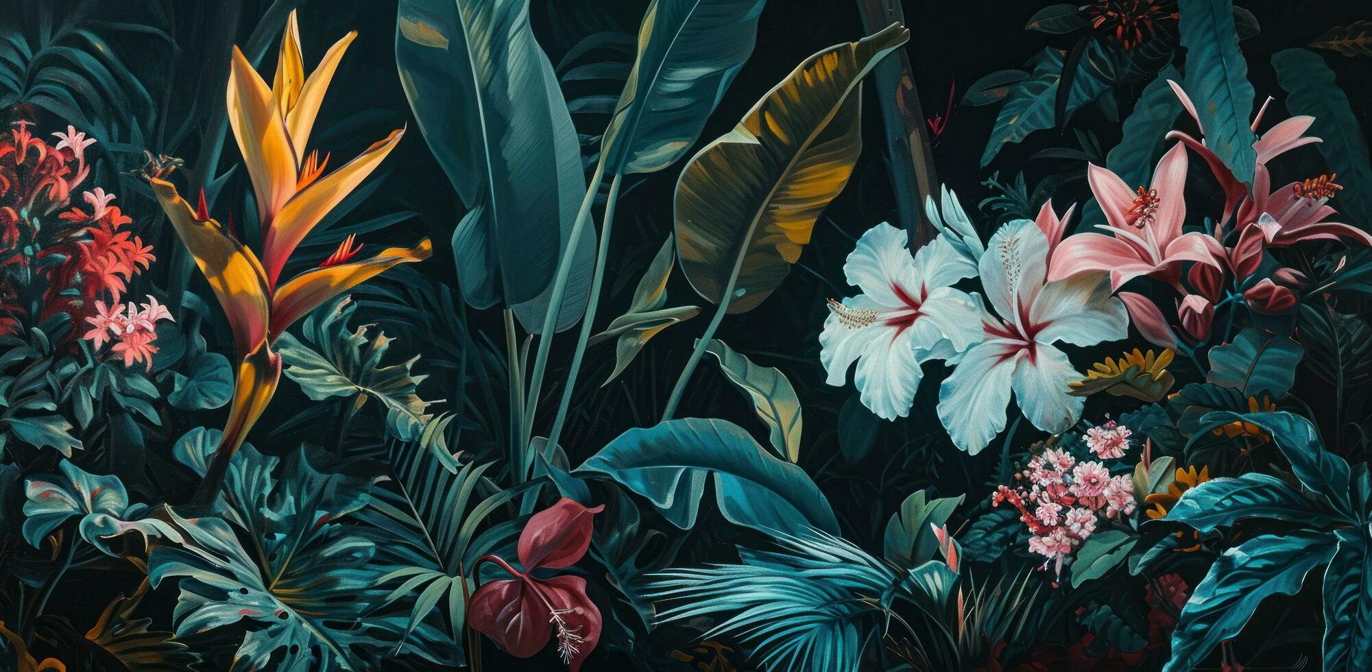 ai généré une La peinture de tropical les plantes dans une foncé nuit photo