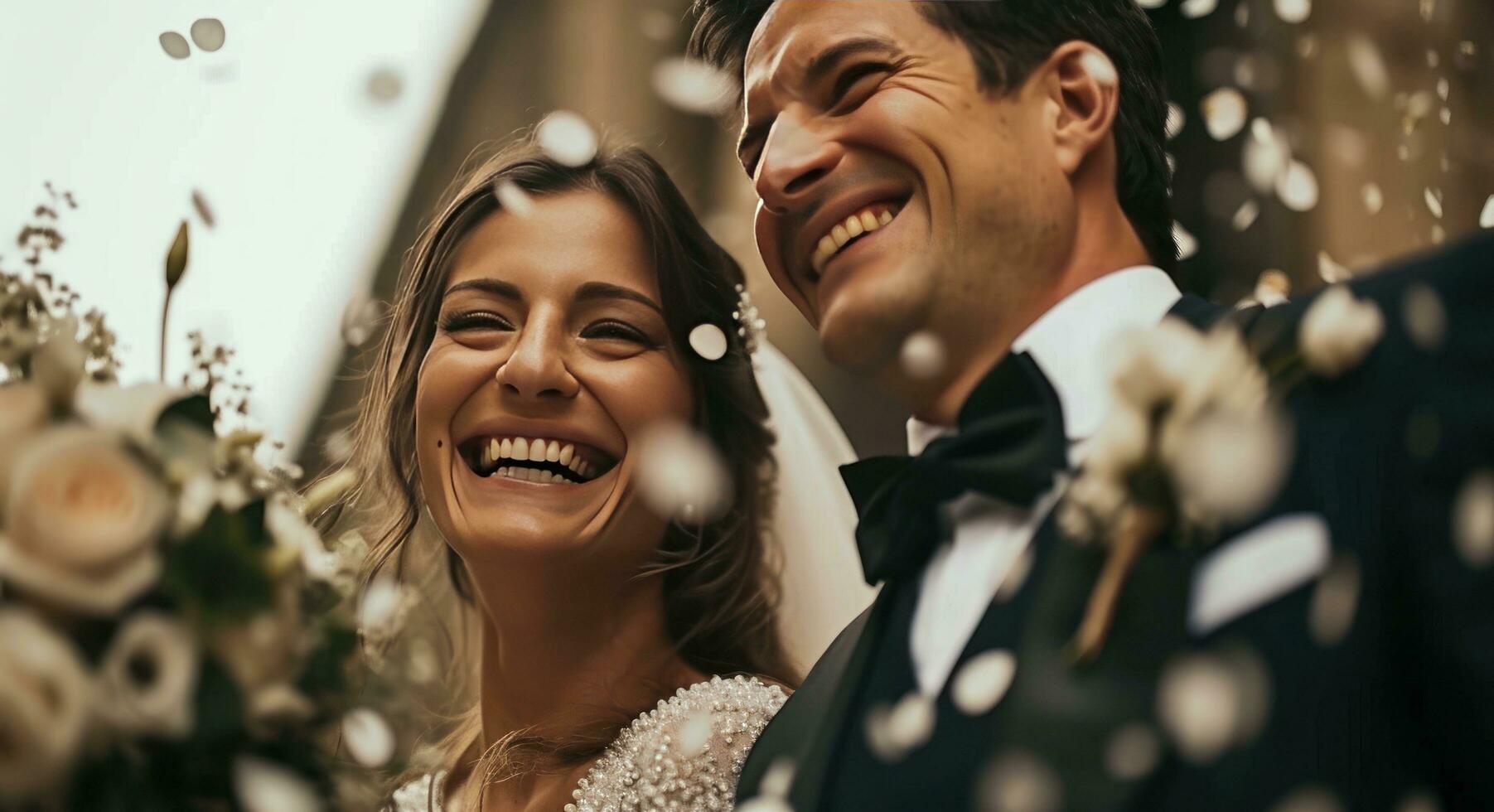 ai généré une marié couple souriant tandis que en portant confettis dans le air photo