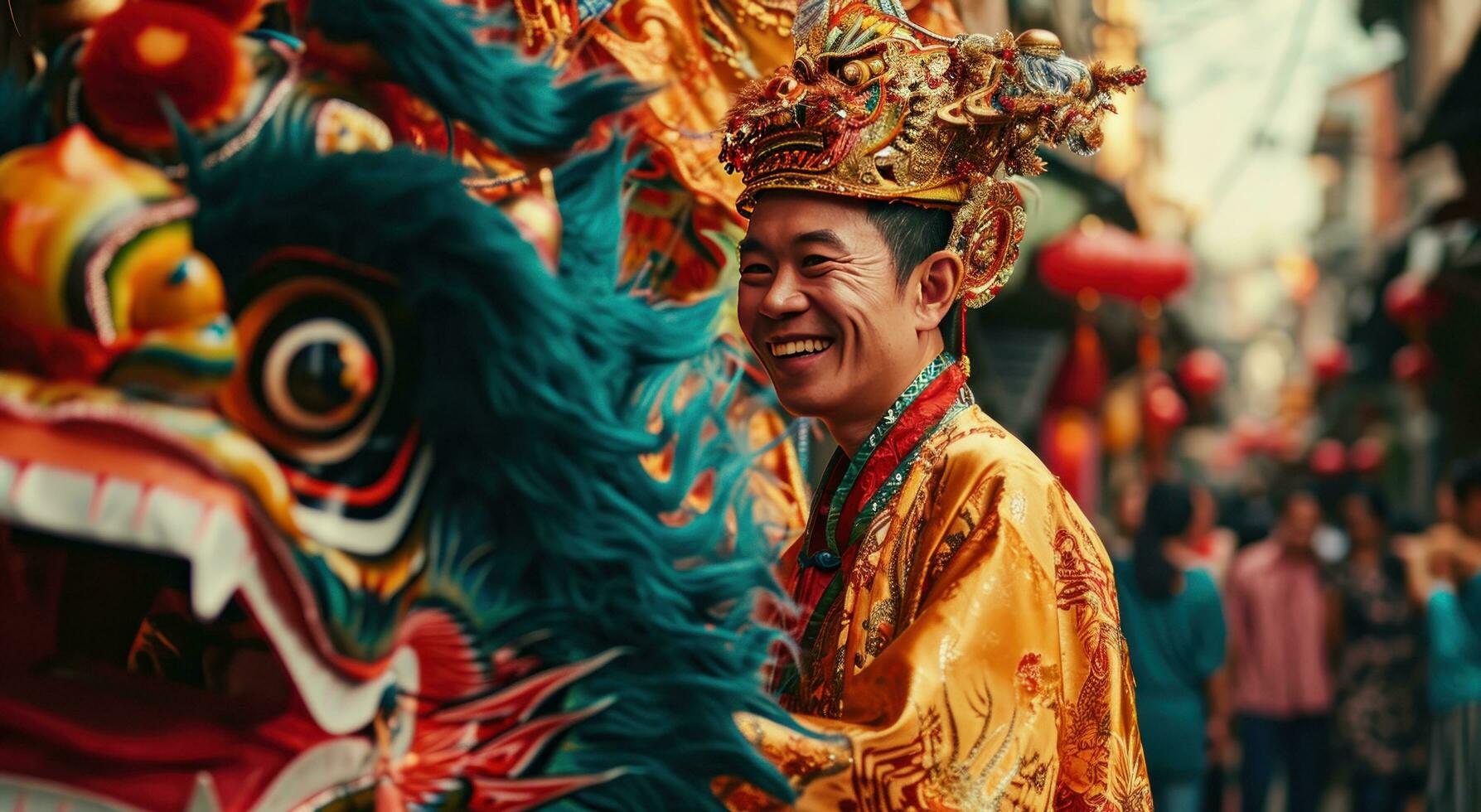 ai généré une homme dans une traditionnel chinois costume souriant suivant à une dragon photo