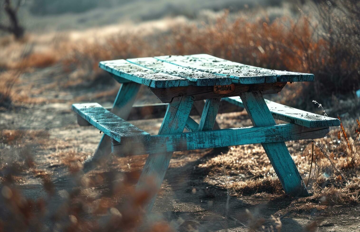 ai généré une en bois pique-nique table dans milieu de une champ photo