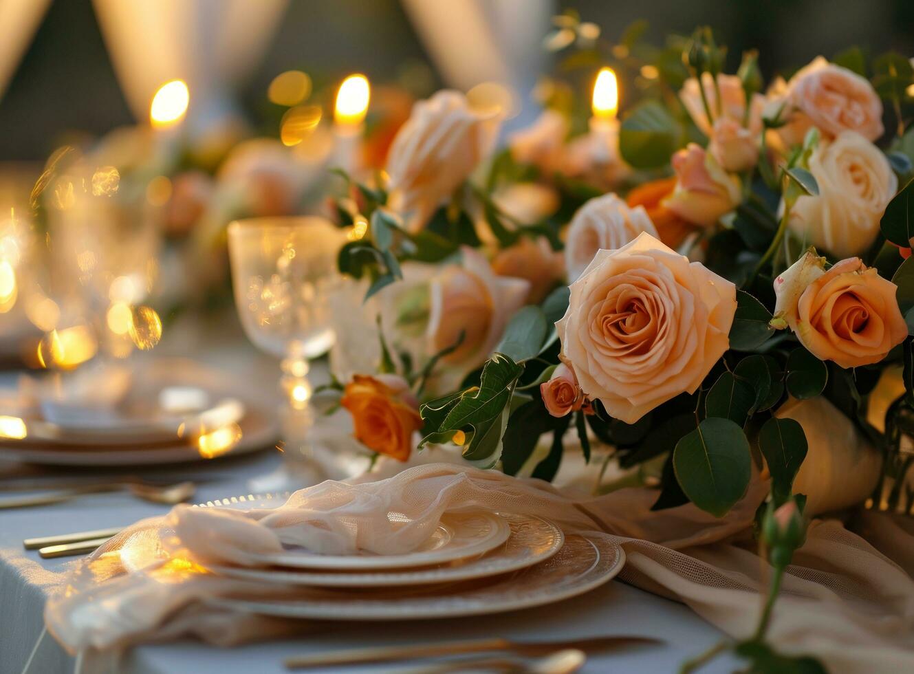 ai généré un élégant table réglage avec pêche des roses photo