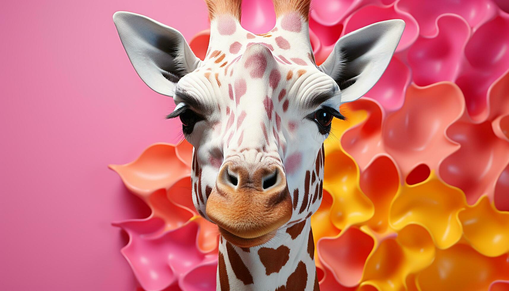 ai généré mignonne girafe à la recherche à caméra, entouré par coloré la nature généré par ai photo