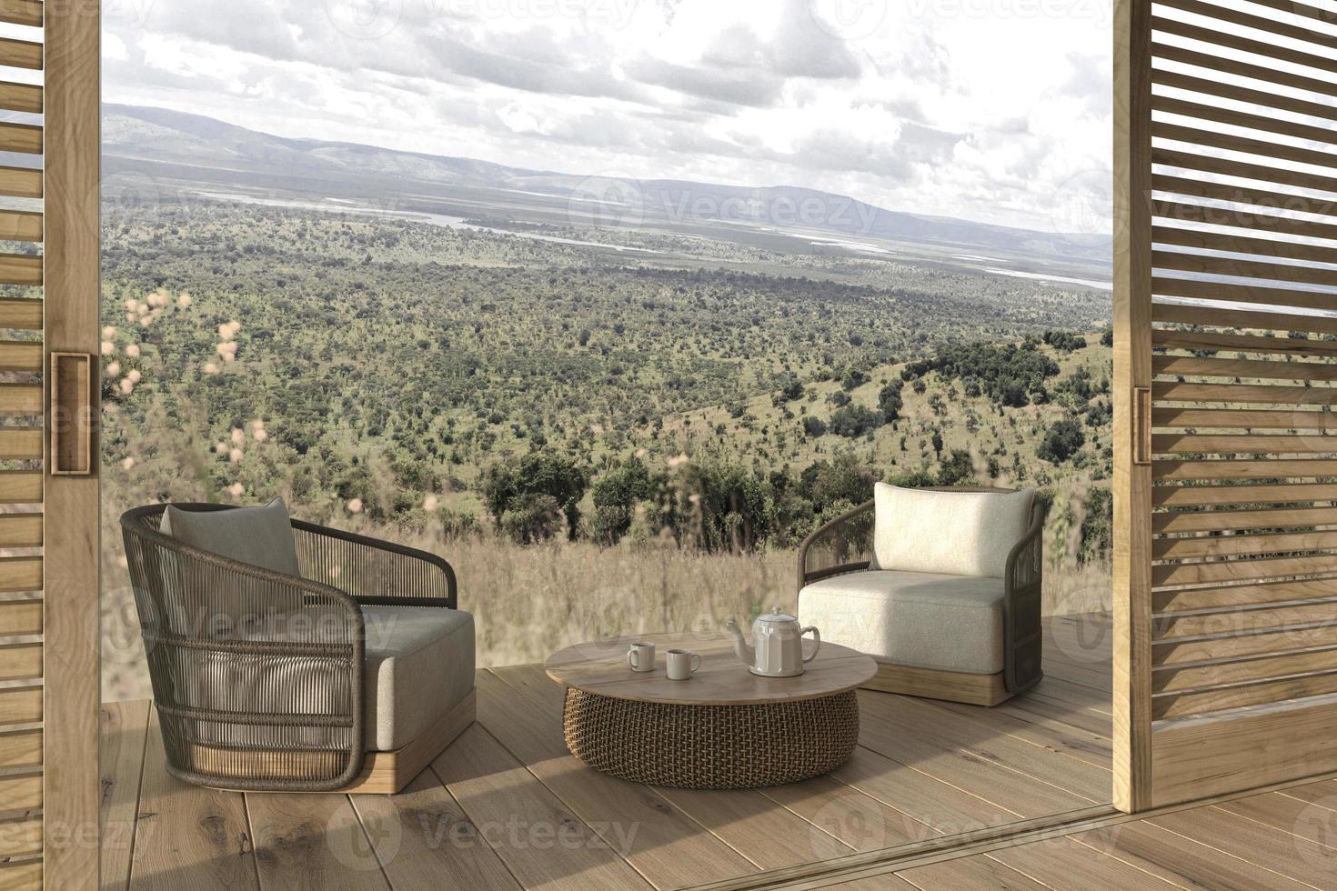 terrasse extérieure de design intérieur moderne avec mobilier. portes-fenêtres coulissantes en bois. illustration de rendu 3d à la maison avec vue paysage. photo