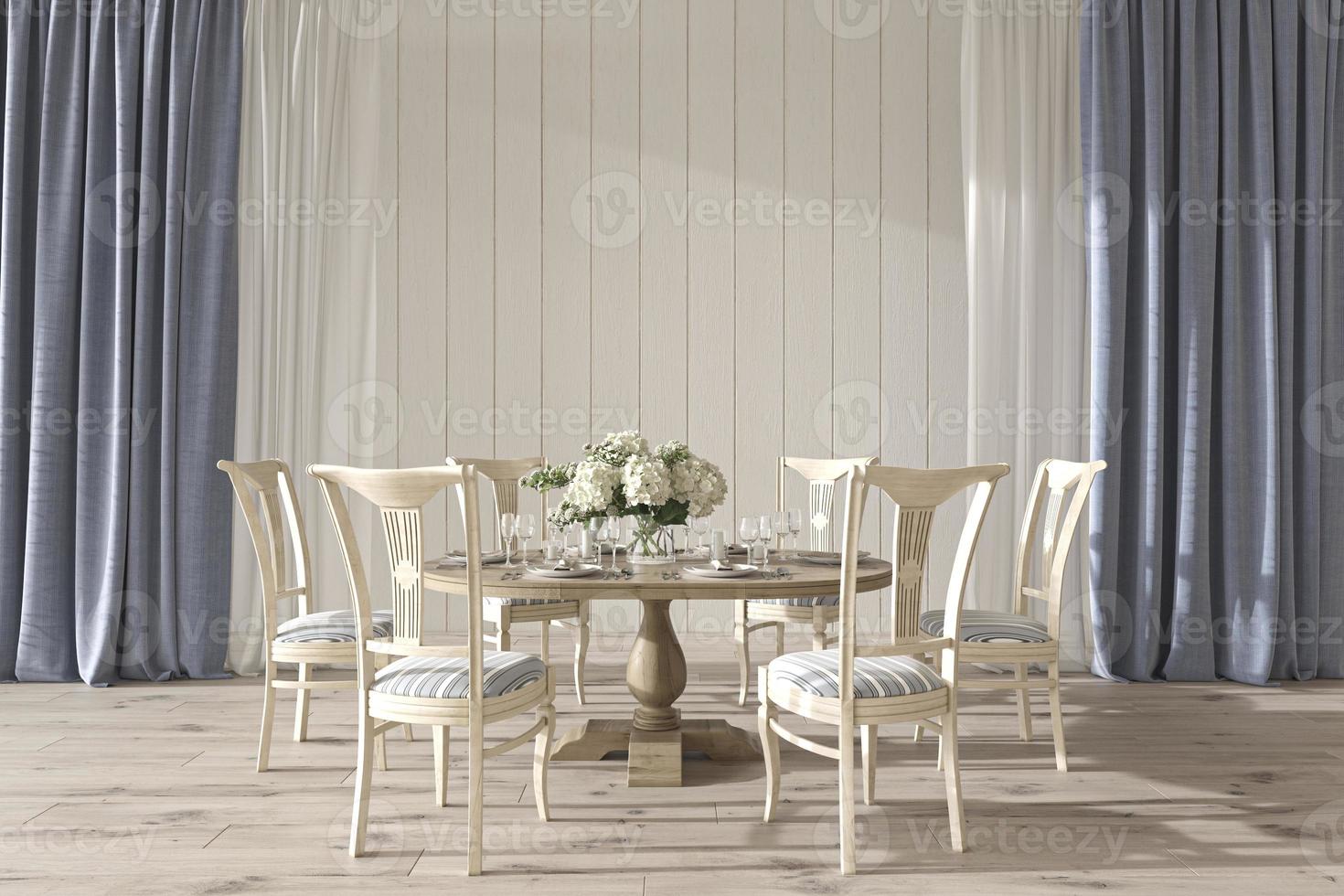 Intérieur de salle de mariage design côtier avec table à manger. maquette de mur blanc sur fond de belle maison. illustration de rendu 3d de style hampton. photo