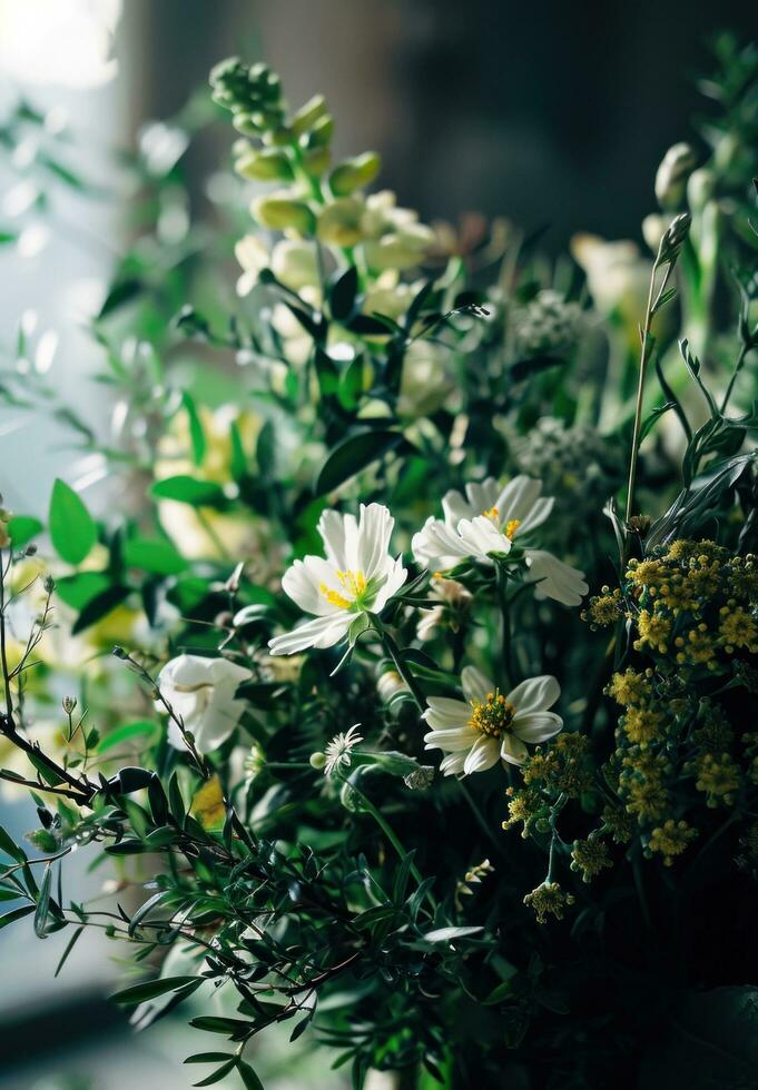 ai généré bouquets de différent légumes verts et blanc fleurs pour une mariage photo