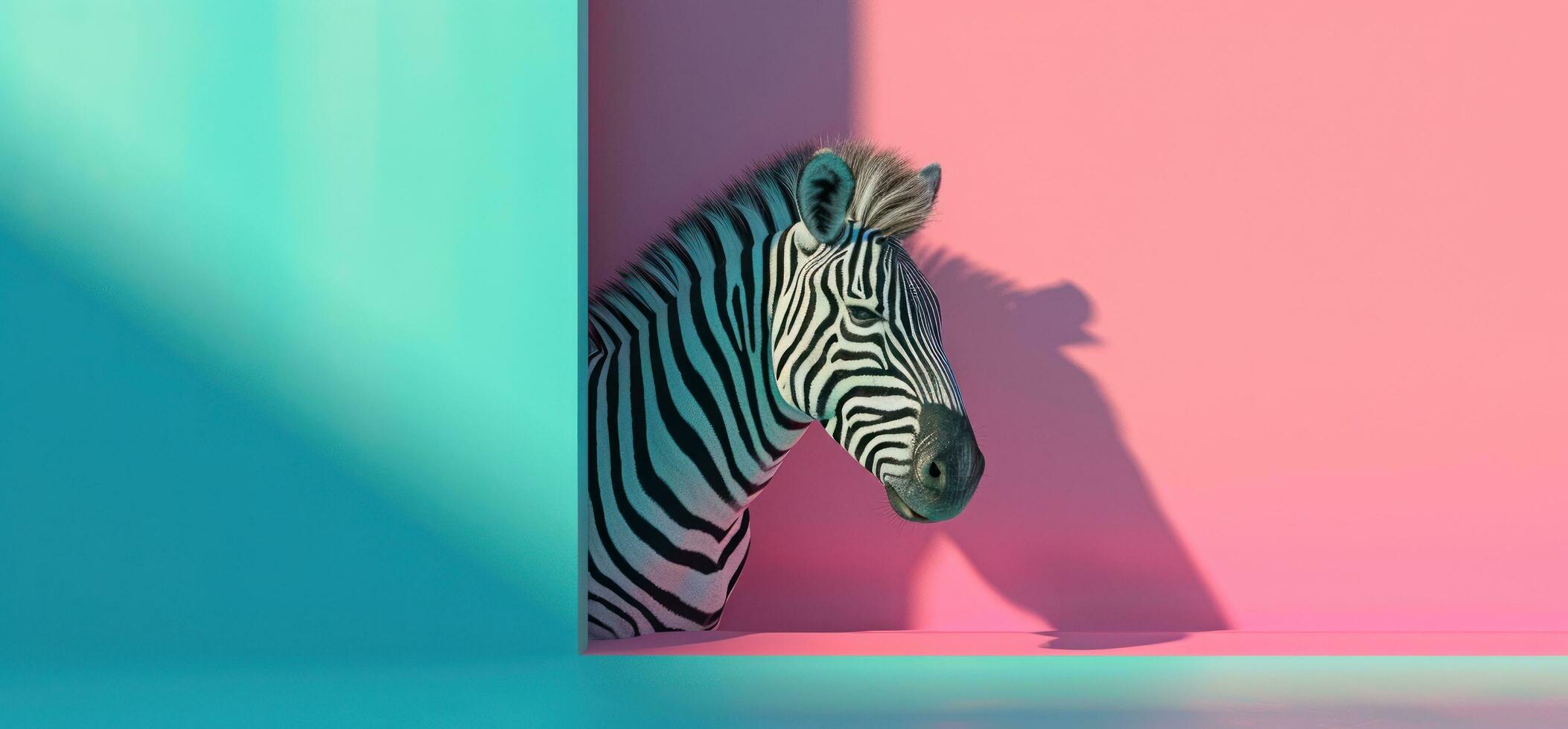 ai généré une zèbre furtivement en dehors de une bleu et rose mur photo