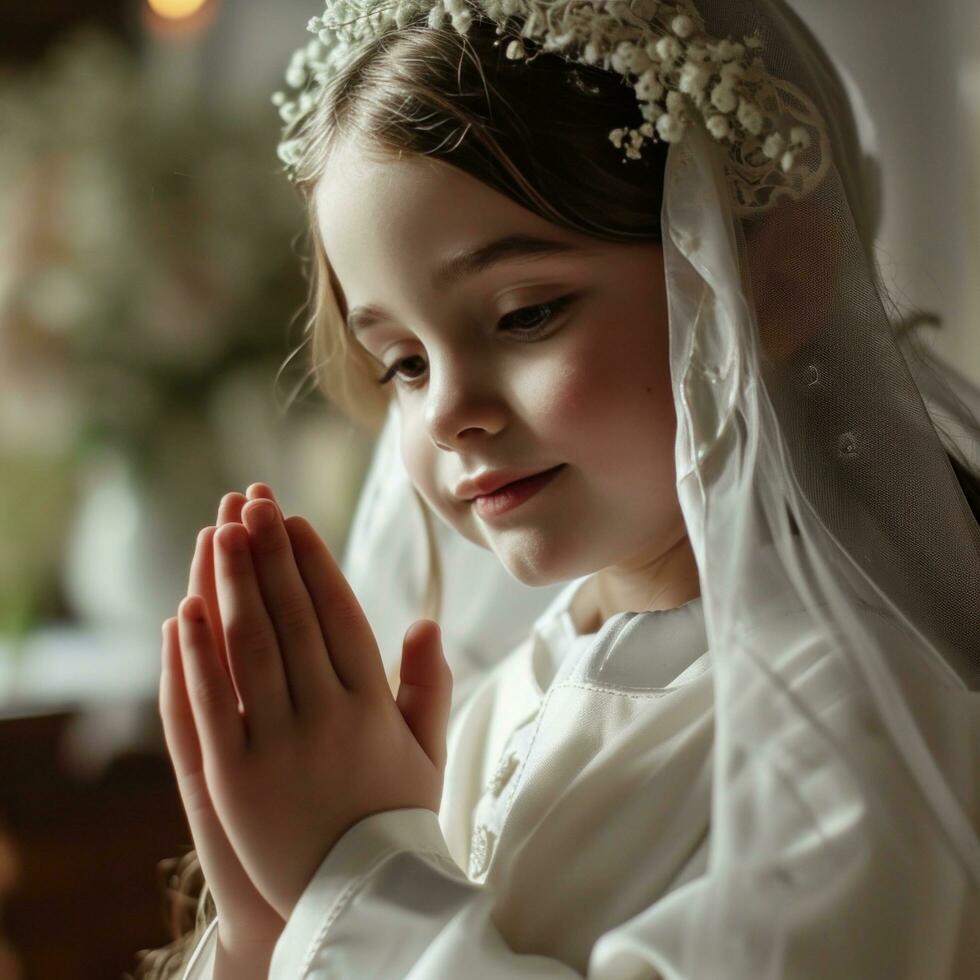 ai généré christianisme 1er communion Jeune fille sacrificiel, main secoue le sien mains prier photo