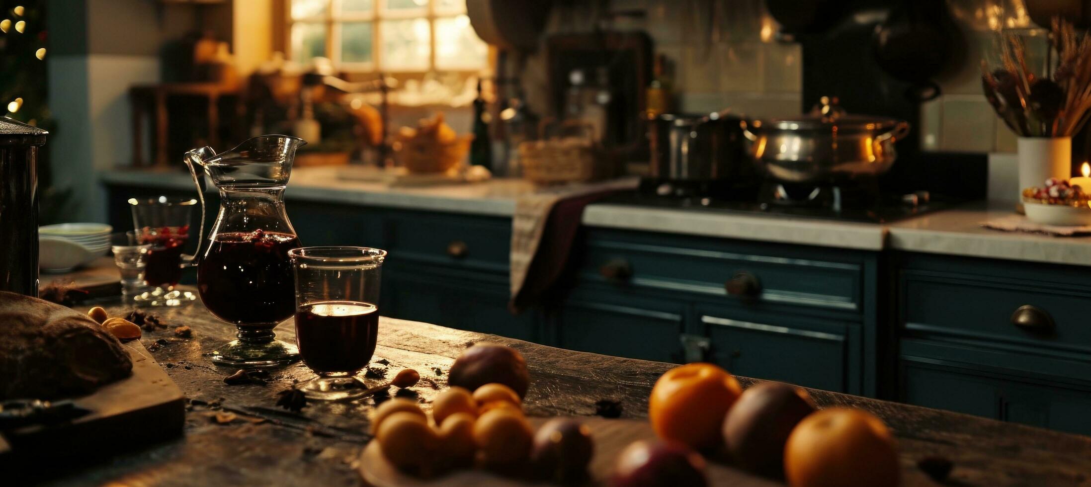 ai généré Noël dans cuisine avec Réchauffé du vin photo