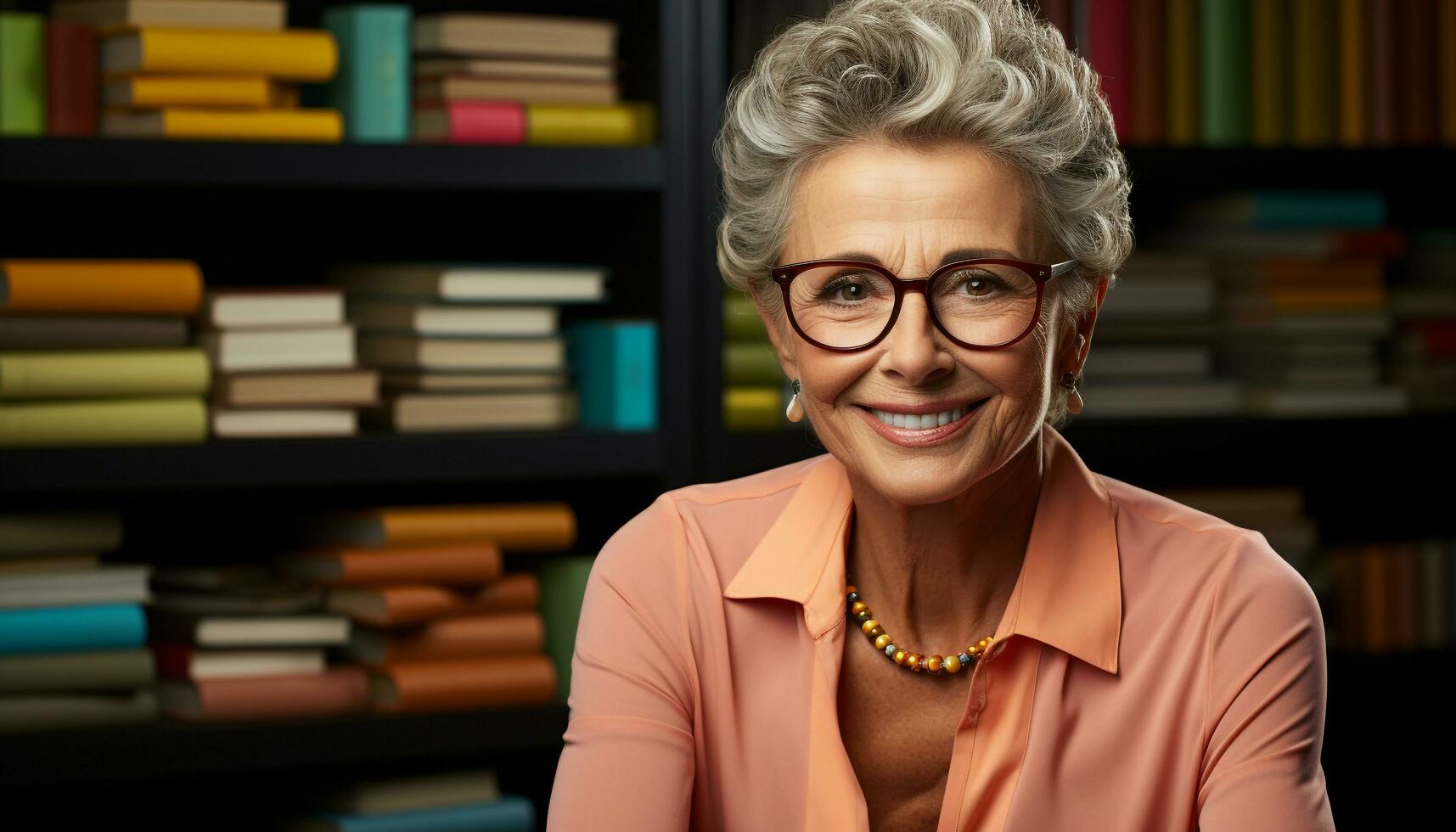 ai généré souriant femme dans bibliothèque, en portant livre, rayonnant bonheur et sagesse généré par ai photo