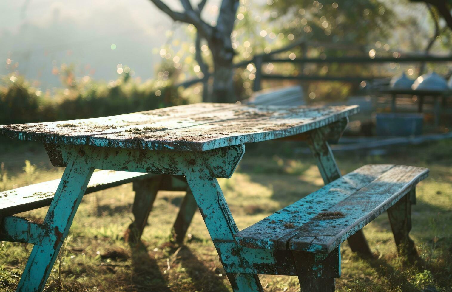 ai généré un vieux pique-nique table est ensemble à l'extérieur photo