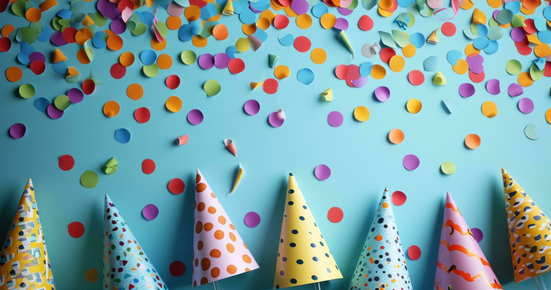 ai généré coloré fête Chapeaux et confettis sur bleu Contexte photo