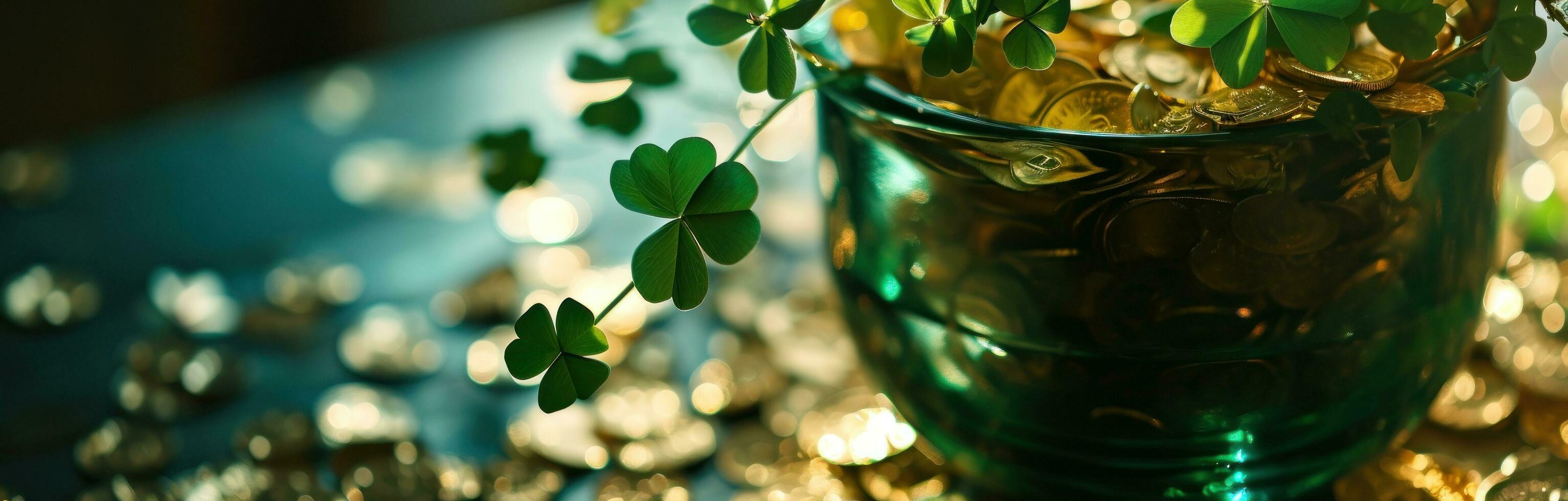 ai généré d'or trèfles et or pièces de monnaie dans une vase photo