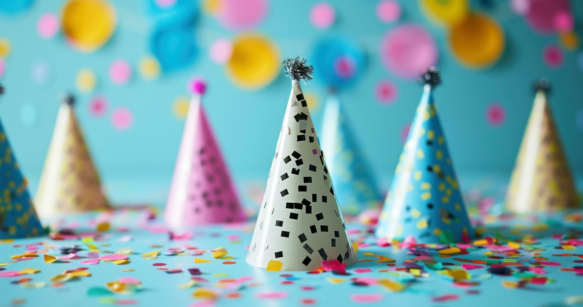 ai généré coloré fête Chapeaux et confettis sur bleu Contexte photo