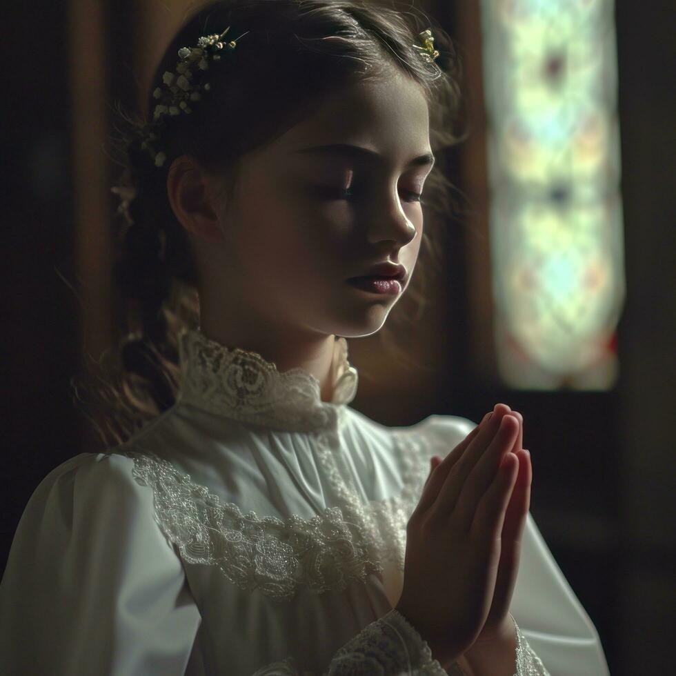 ai généré premier communion fille avec mains sur poitrine prier photo