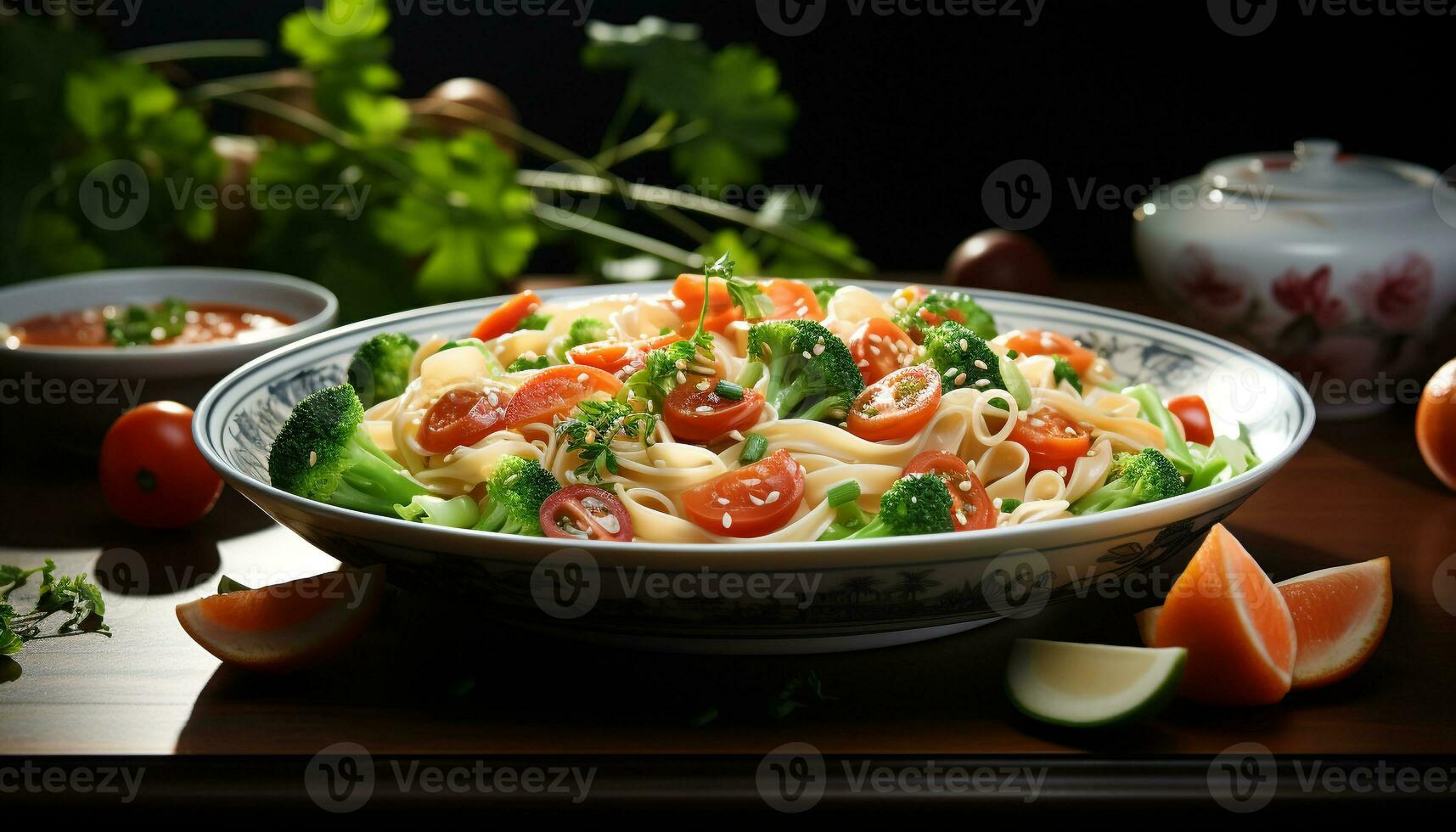 ai généré fraîcheur sur assiette en bonne santé salade avec tomate, légume, et persil généré par ai photo