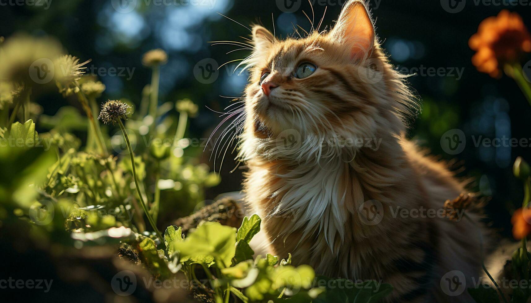 ai généré mignonne chaton séance dans herbe, profiter le été lumière du soleil généré par ai photo
