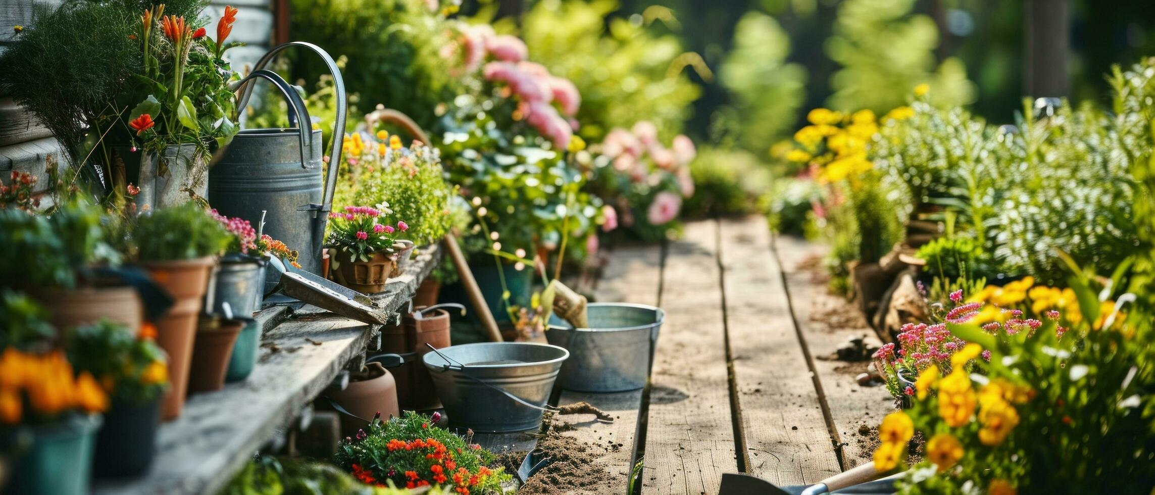 ai généré jardin outils et Extérieur équipement suivant à une chemin photo